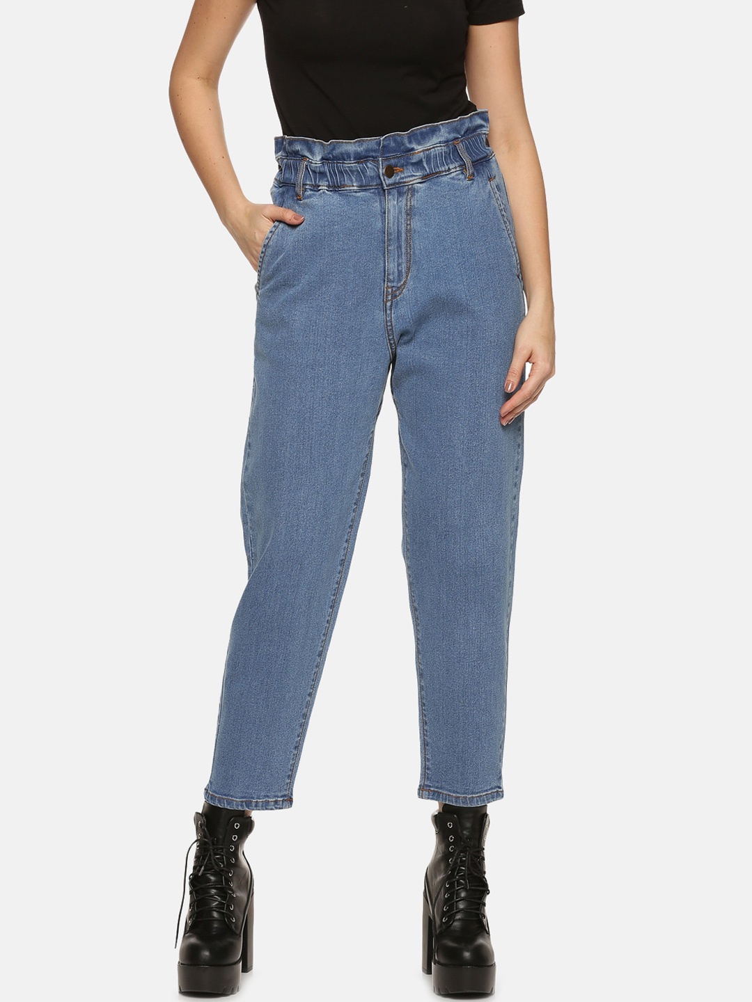 

HERE&NOW Women Relaxed Fit High-Rise Cotton Jeans, Blue