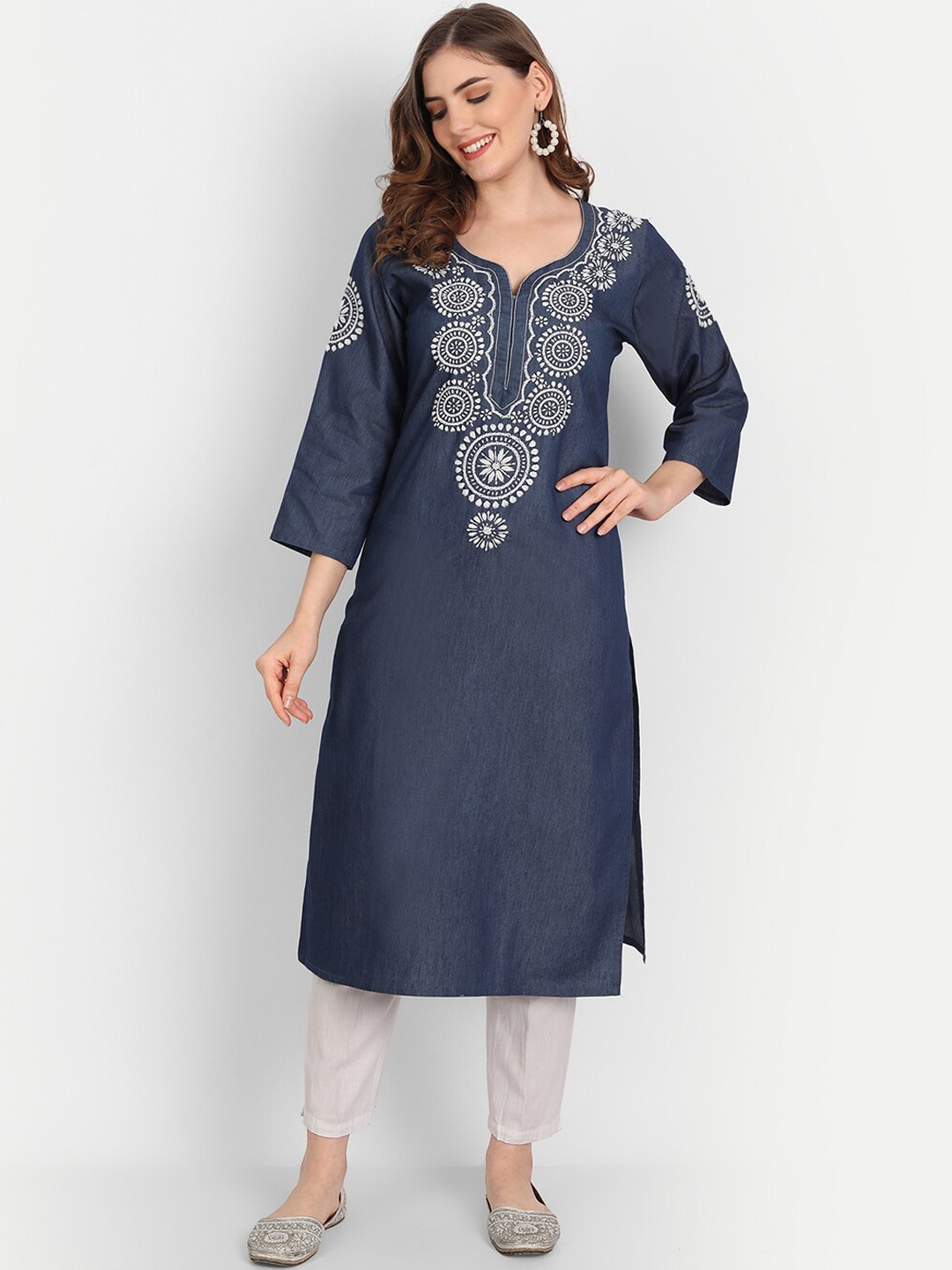 

Indiankala4u Women Chikanakri Cotton Ethnic Motifs Embroidered Kurta, Blue