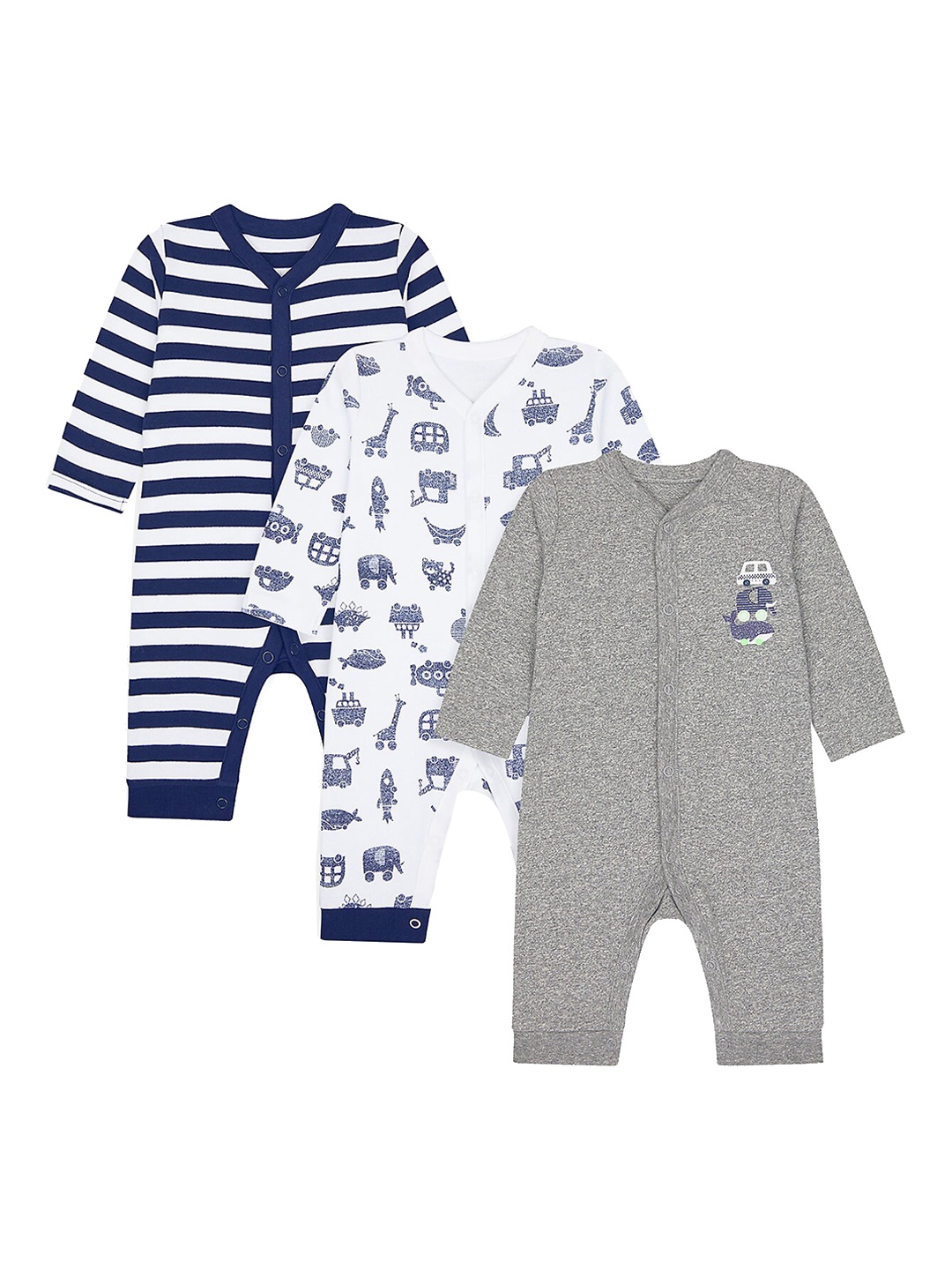 

mothercare Boys Pack Of 3 Self-Design Cotton Rompers, Blue