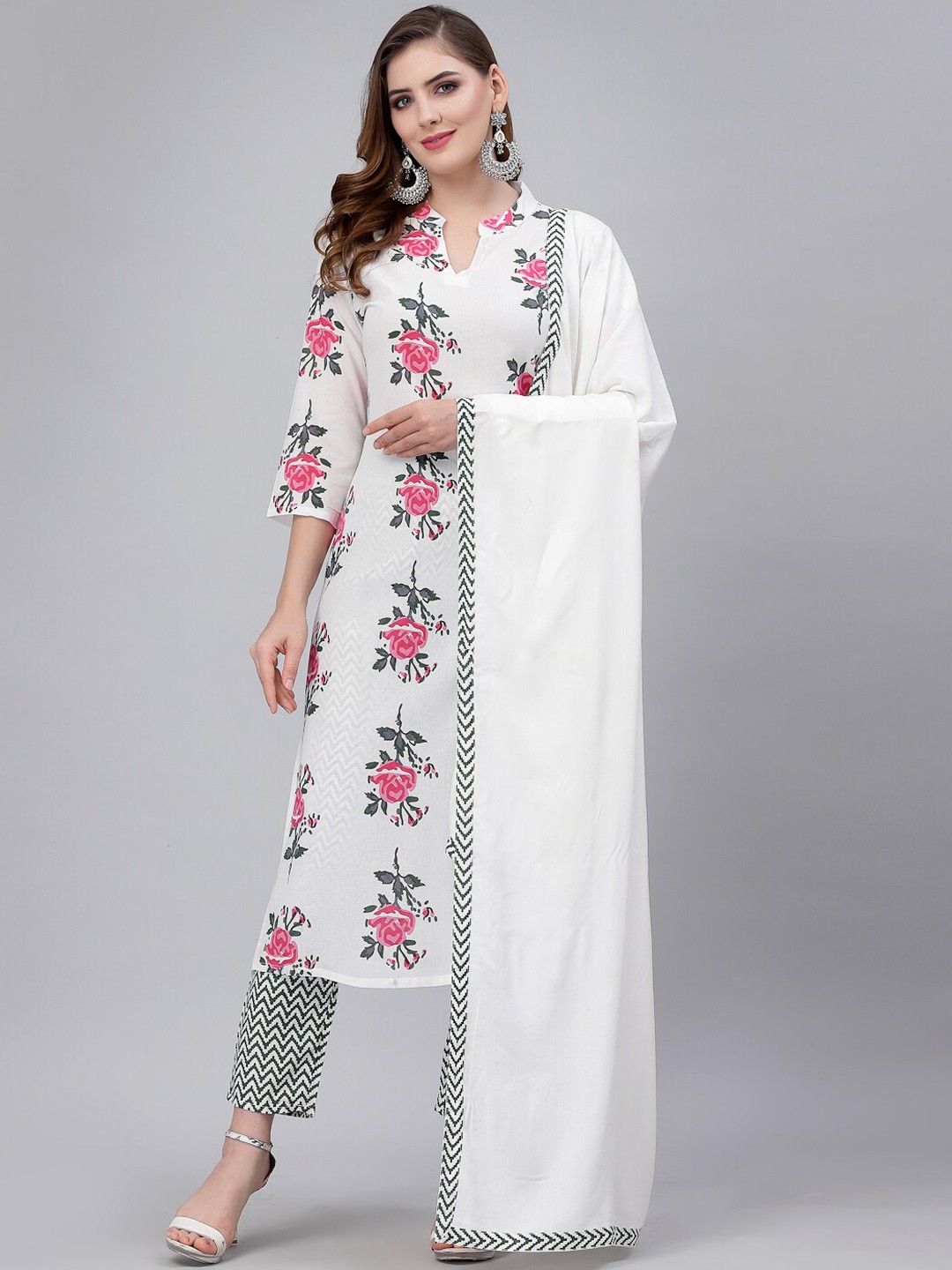 

JAIPURI BUNAAI Floral Printed Kurta with Trousers & Dupatta, White