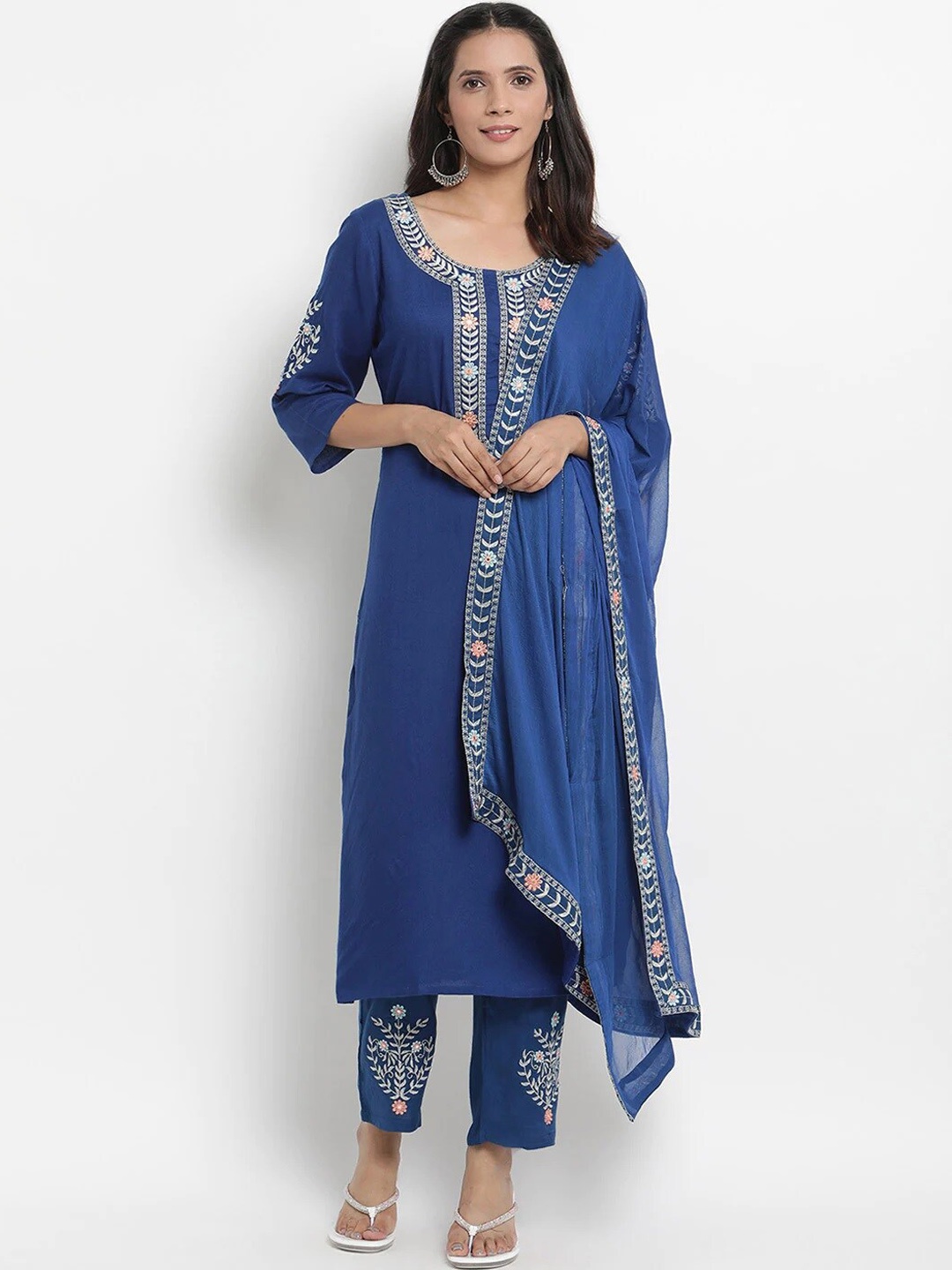 

Meeranshi Embroidered Round Neck Kurta with Trousers & Dupatta, Blue
