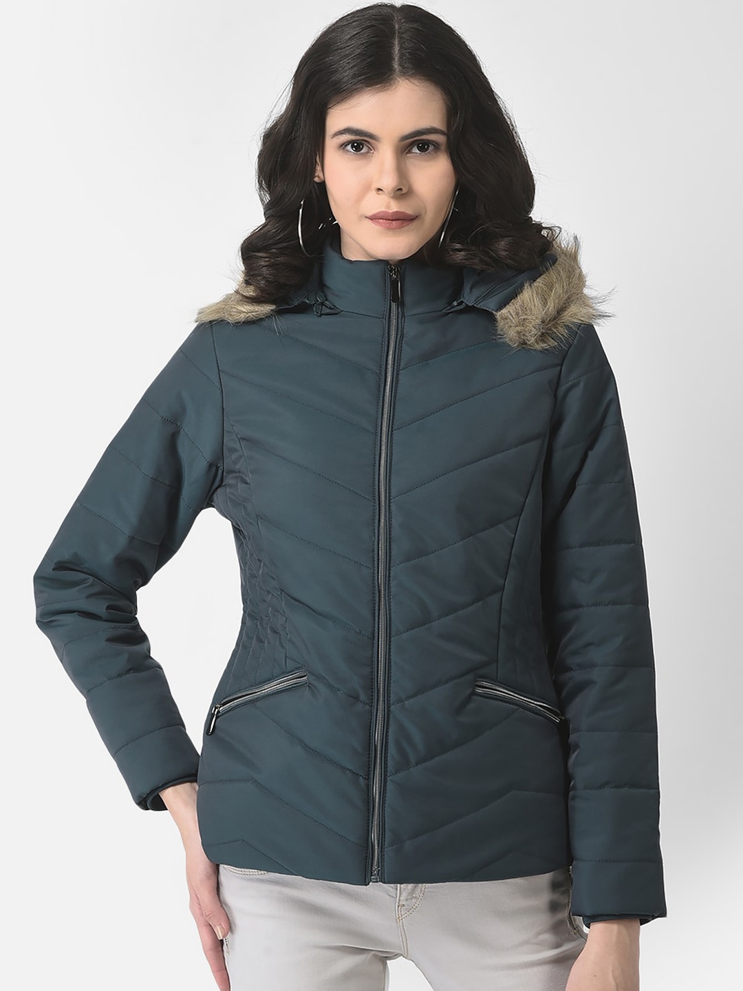 

Crimsoune Club Women Hooded Padded Jacket With Faux Fur Trim, Teal