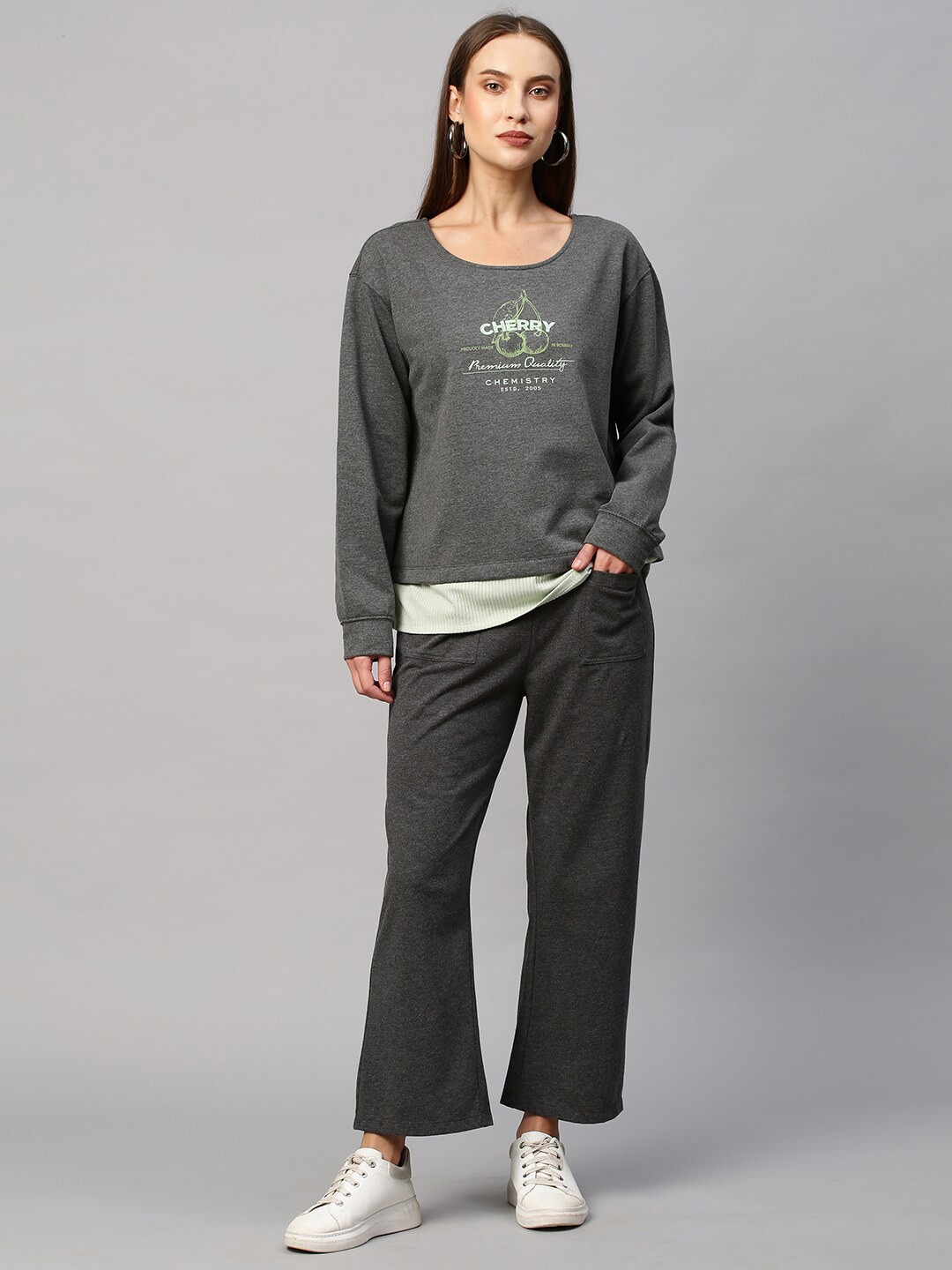

Chemistry Women Printed T-shirt With Trouser Co-Ords Set, Grey melange