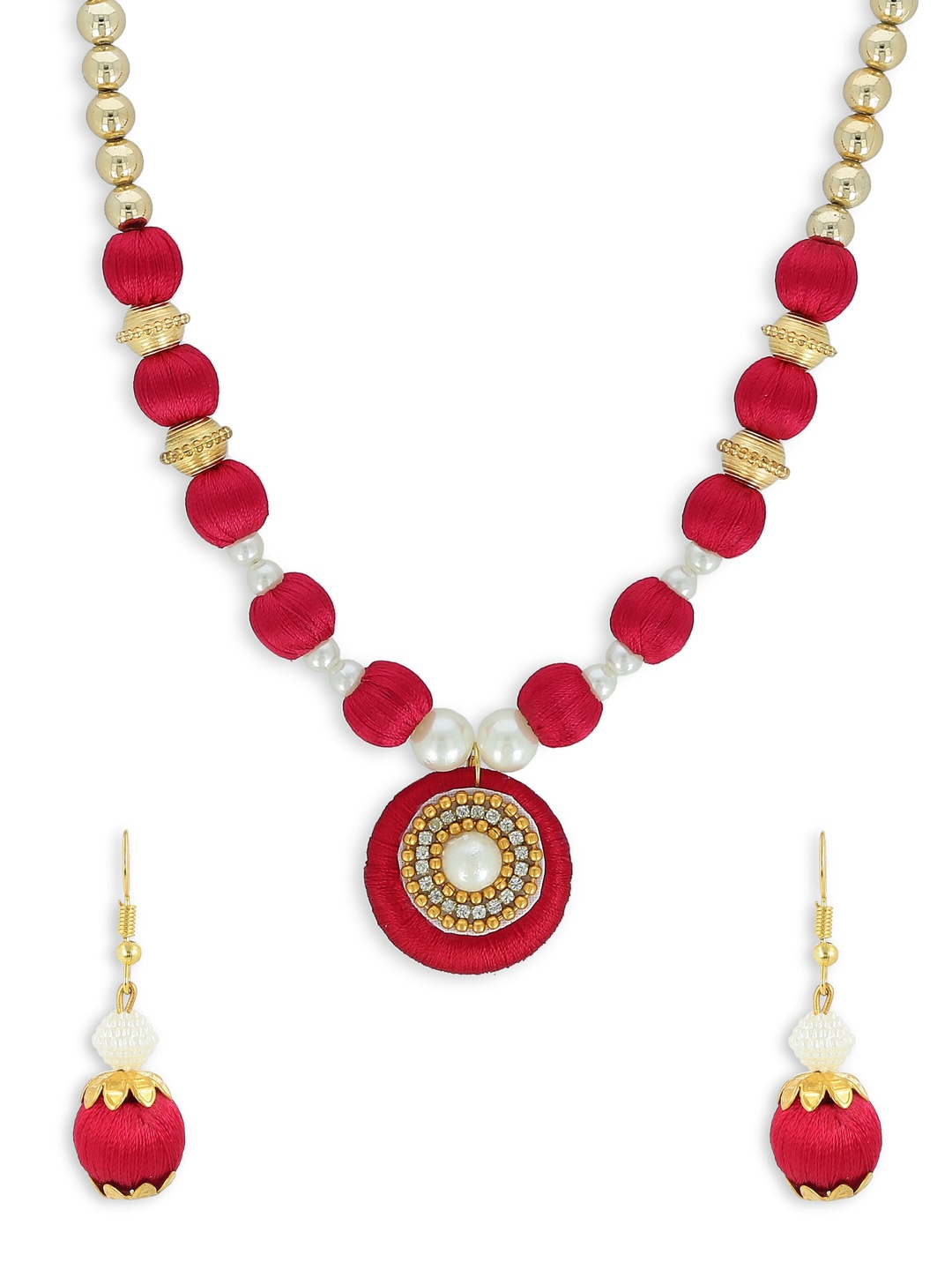 

AKSHARA Gold-Plated Stone-Studded & Beaded Jewellery Set, Red