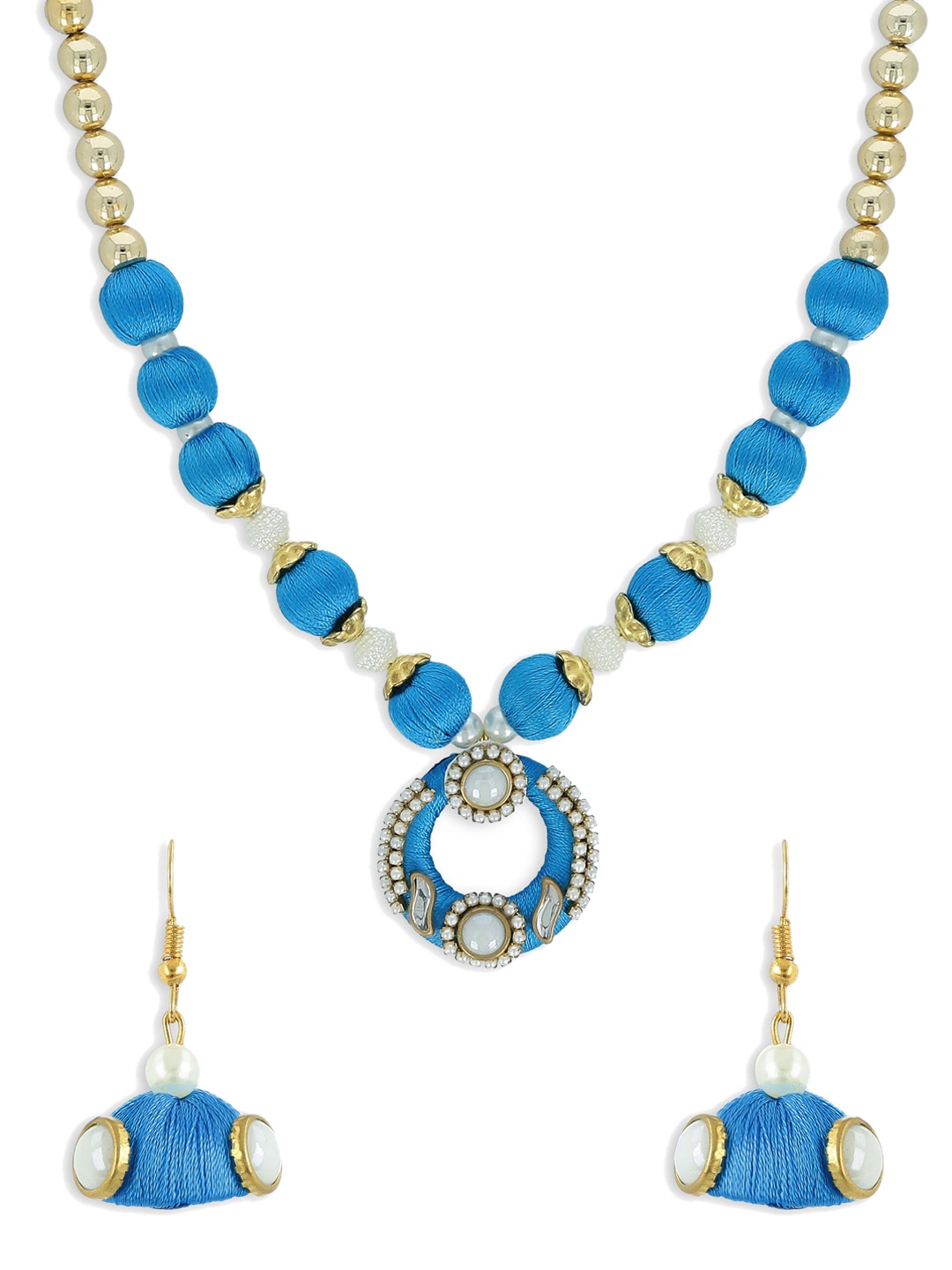 

AKSHARA Gold-Plated Stone-Studded & Pearl Beaded Jewellery Set, Blue