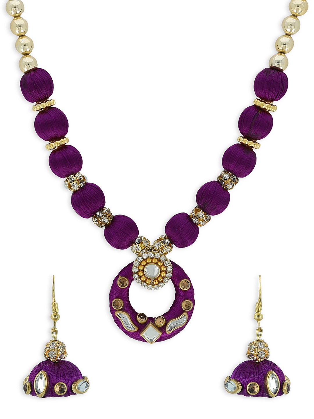 

AKSHARA Gold-Plated Stone-Studded & Pearl Beaded Jewellery Set, Purple
