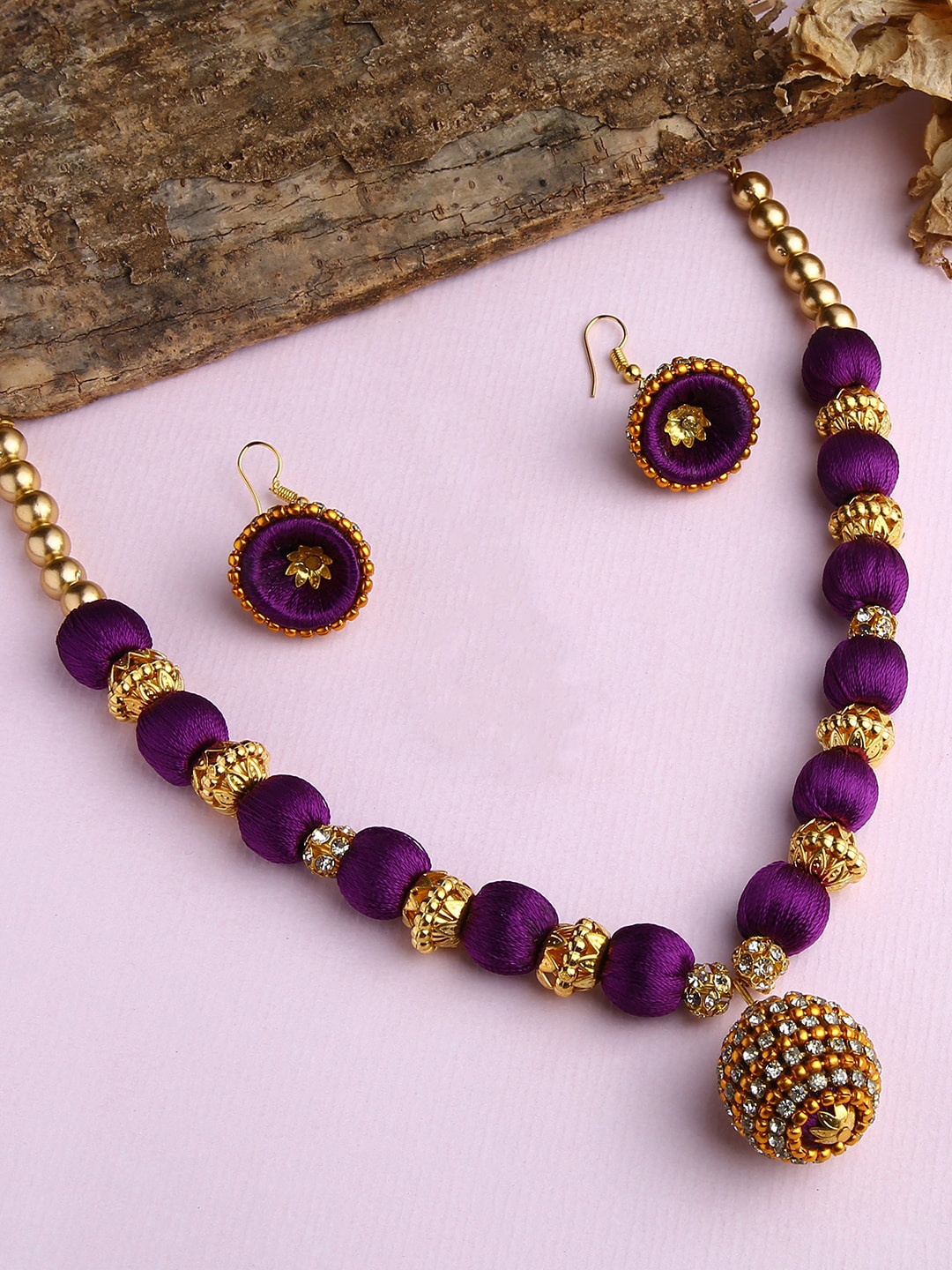 

AKSHARA Gold-Plated Stone-Studded & Pearl Beaded Jewellery Set, Purple