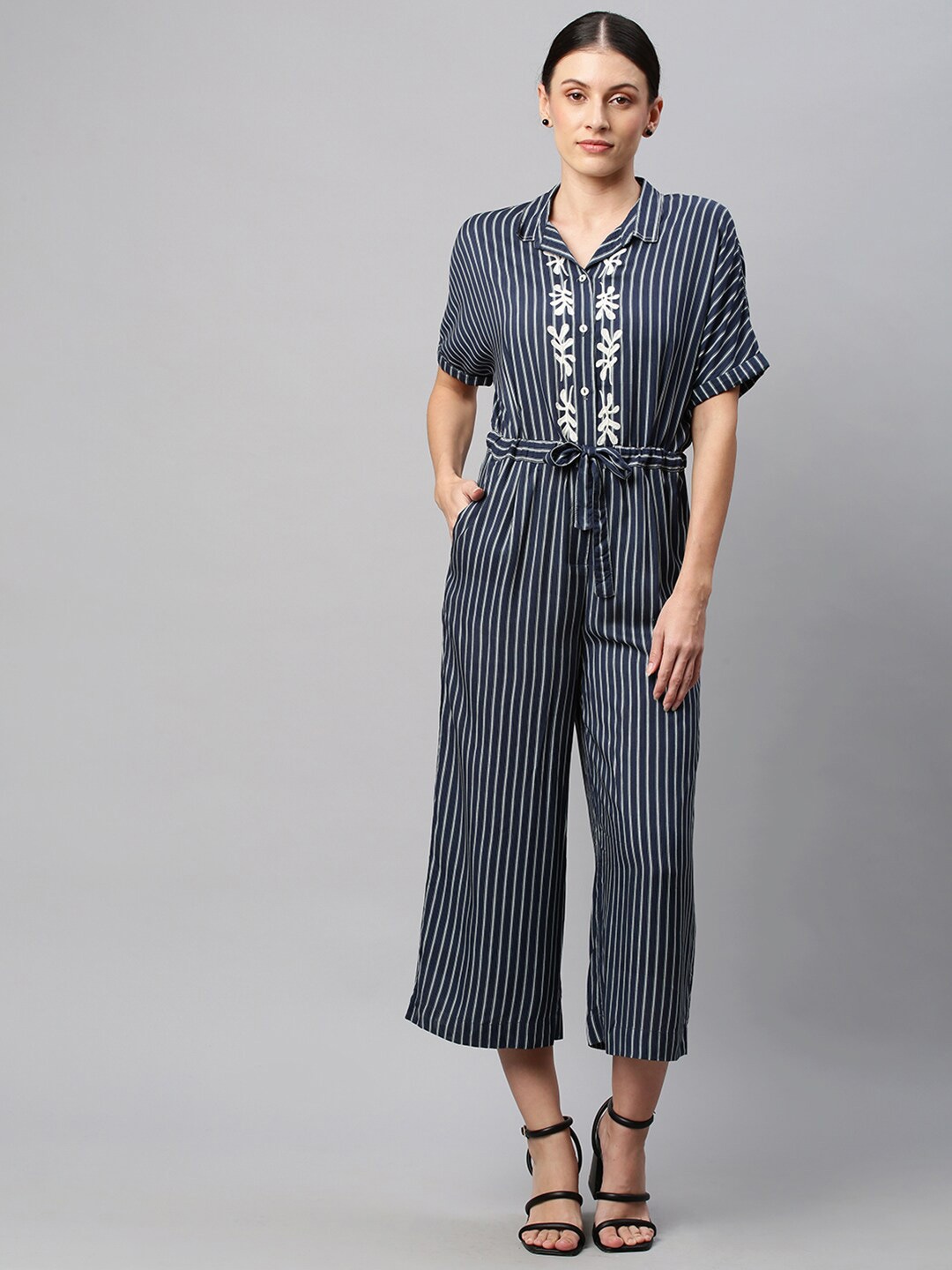 

Chemistry Striped Basic Embroidered Jumpsuit, Navy blue