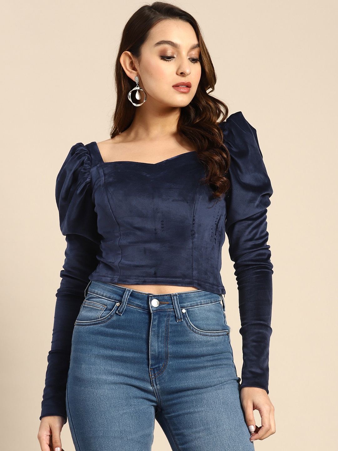 

WoowZerz Puff Sleeves Sweetheart Neck Velvet Crop Top, Navy blue