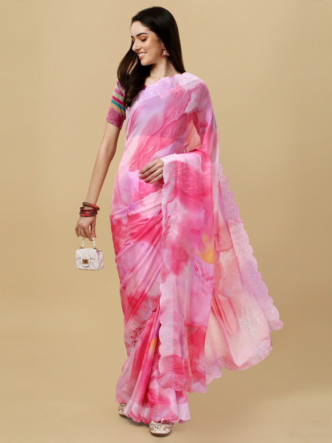 

Mitera Floral Pure Chiffon Saree, Pink