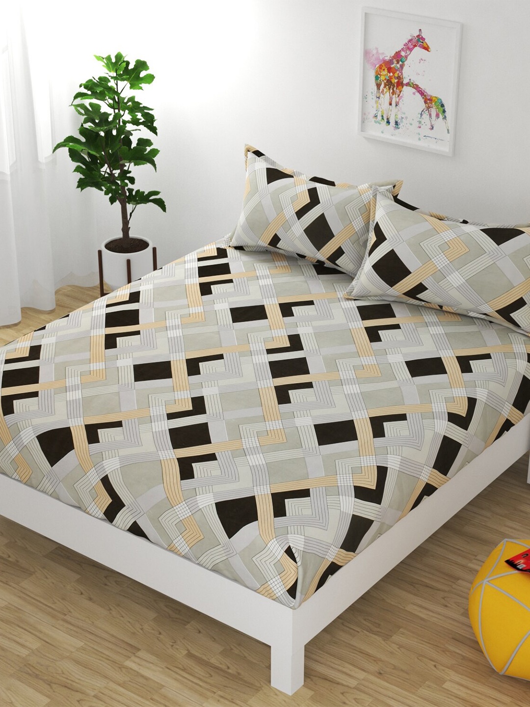 

Bajo's Grey & Brown Geometric 250 TC Cotton Fitted King Bedsheet with 2 Pillow Covers