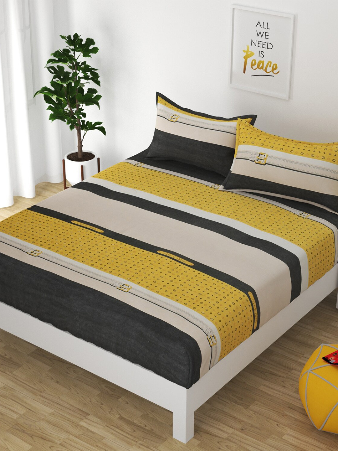 

Bajo's Peach-Coloured & Yellow 250 TC Fitted Cotton King Bedsheet with 2 Pillow Covers