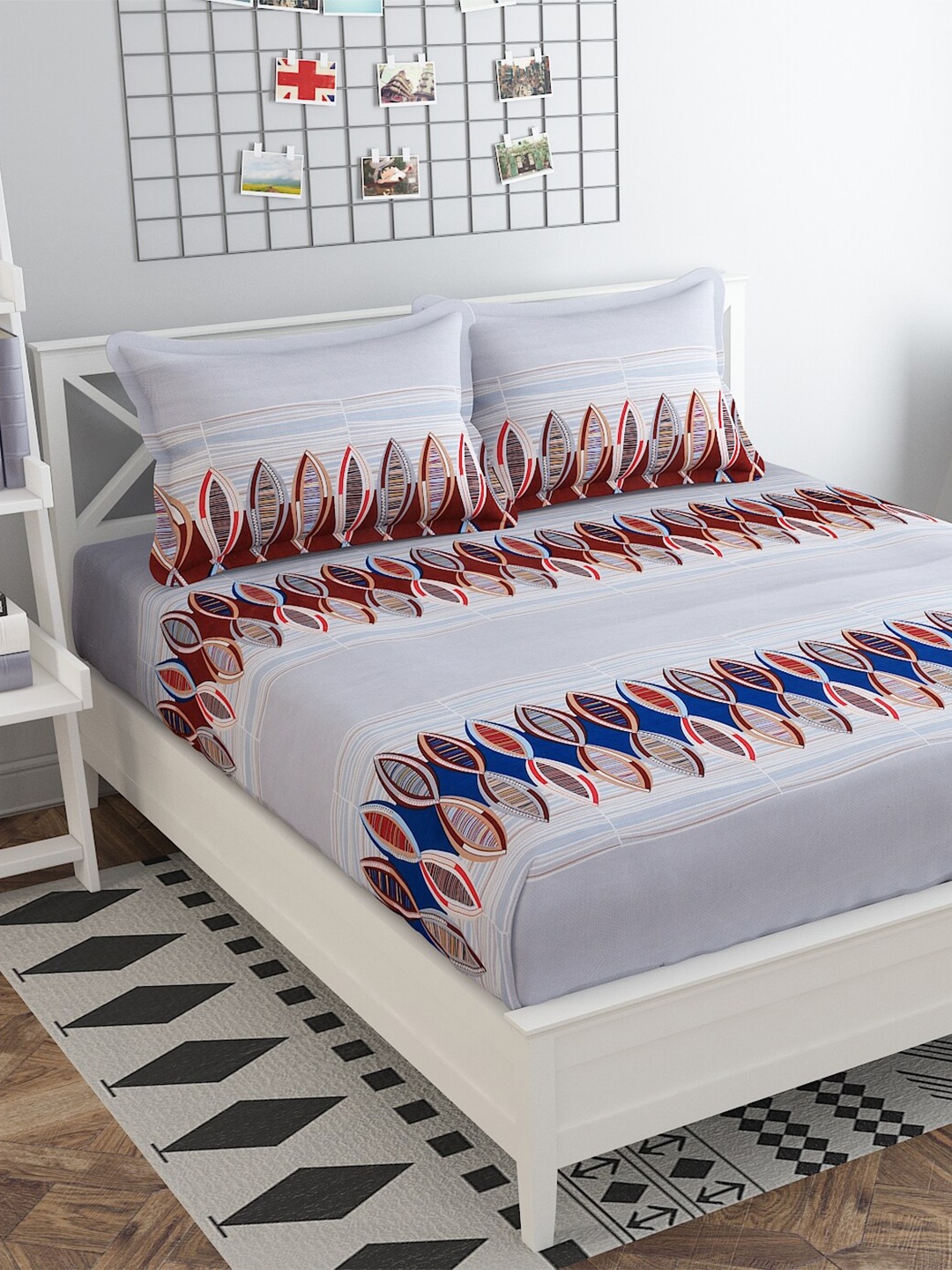 

Bajo's Grey & Blue Geometric 250 TC Cotton Fitted King Bedsheet with 2 Pillow Covers
