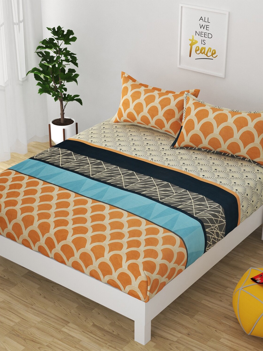 

Bajo's Geometric 250 TC Cotton King Bedsheet with 2 Pillow Covers, Blue