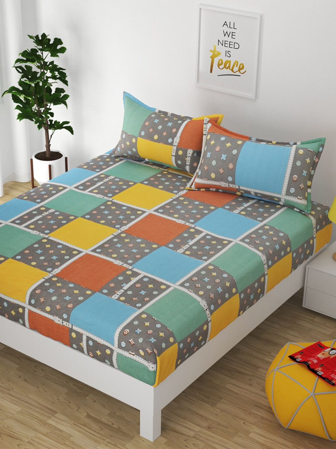 

Bajo's Blue & Yellow Geometric 250 TC Cotton King Bedsheet with 2 Pillow Covers
