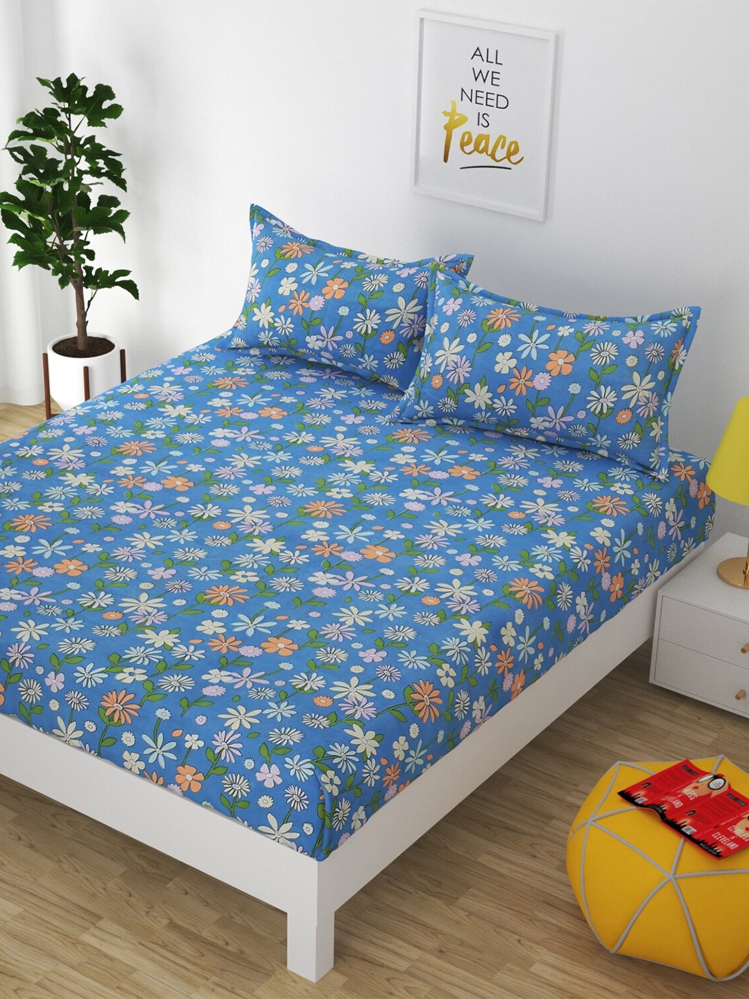 

Bajo's Blue & Green Floral 250 TC Cotton King Bedsheet with 2 Pillow Covers