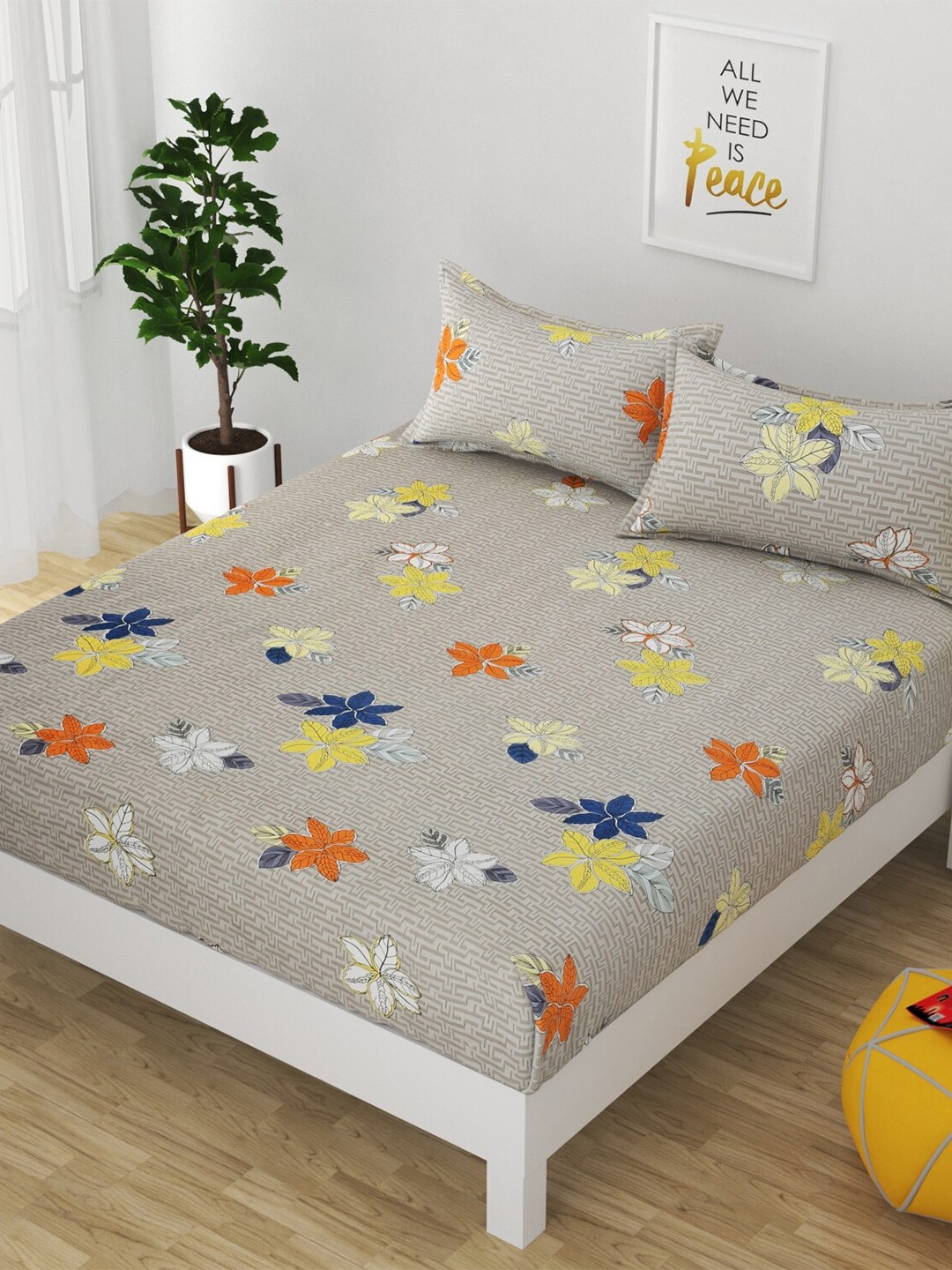 

Bajo's Grey & Blue Floral 250 TC Cotton King Bedsheet with 2 Pillow Covers