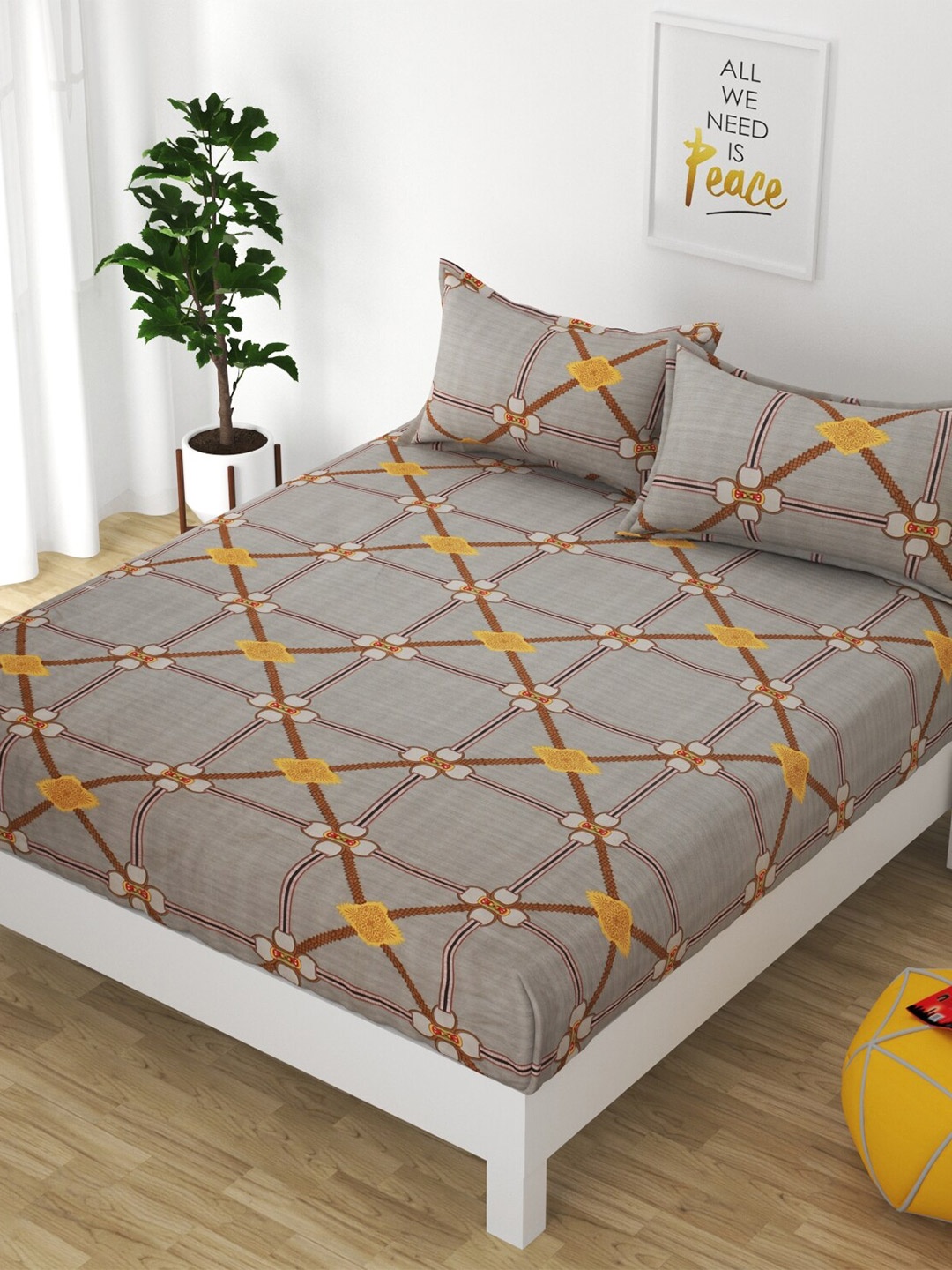 

Bajo's Grey & Brown Geometric 250 TC Cotton Fitted King Bedsheet with 2 Pillow Covers