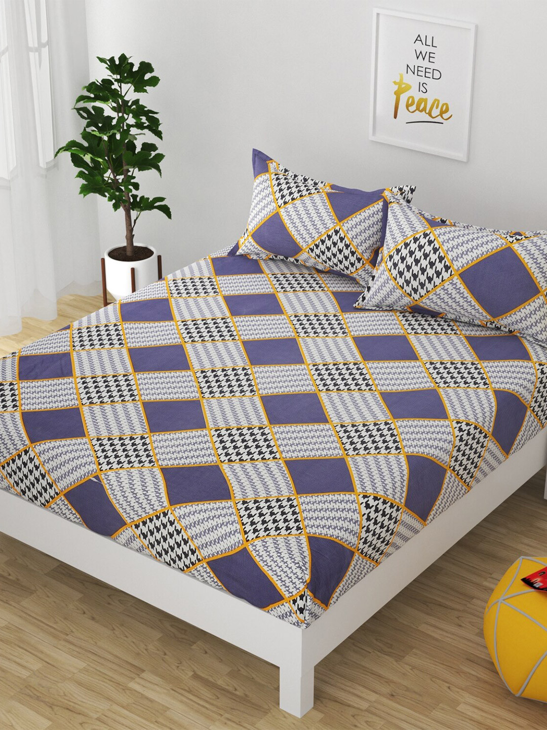 

Bajo's Blue & White Geometric 250 TC Cotton Fitted King Bedsheet with 2 Pillow Covers