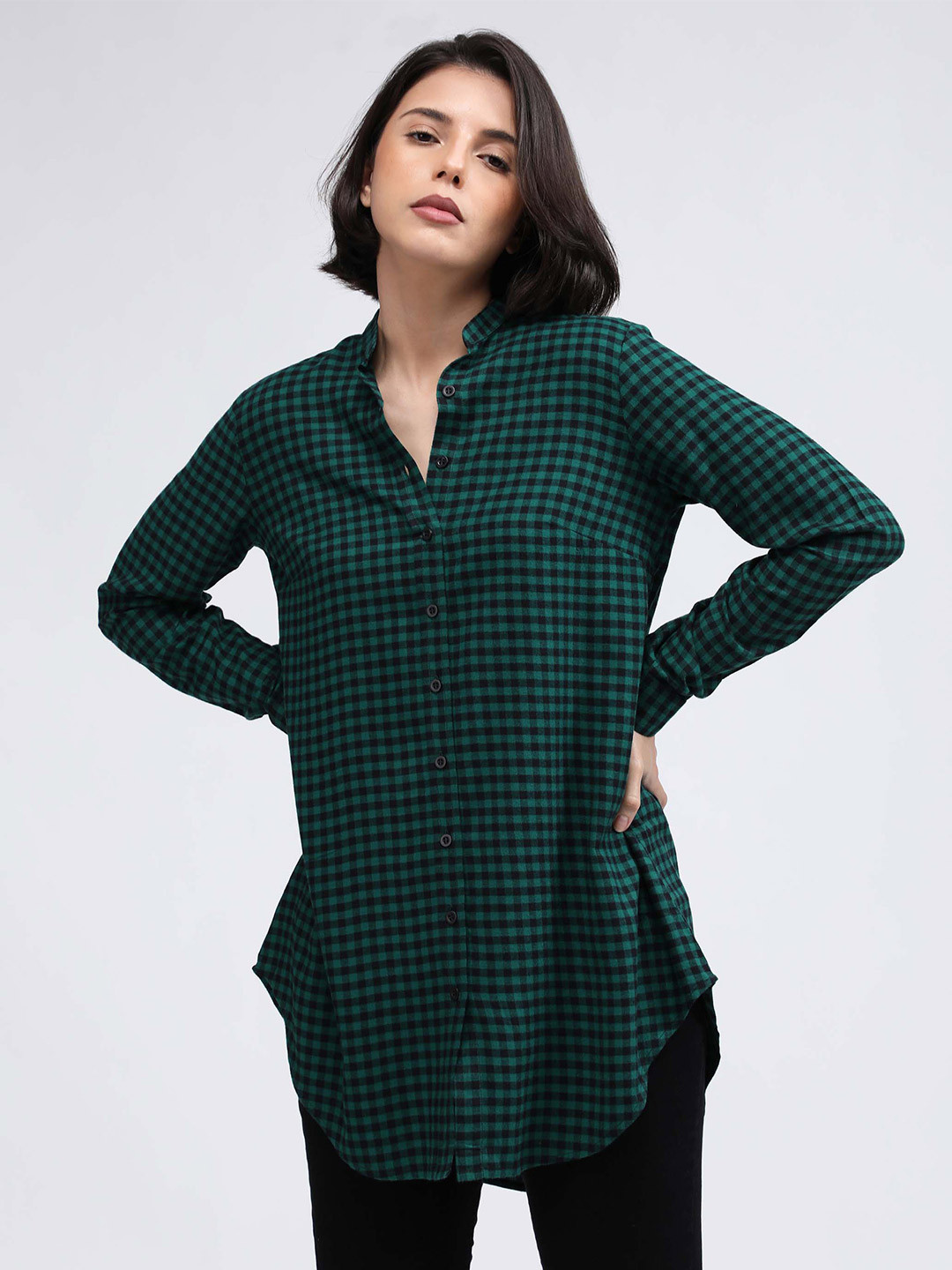 

IDK Checked Mandarin Collar Shirt Style Top, Green
