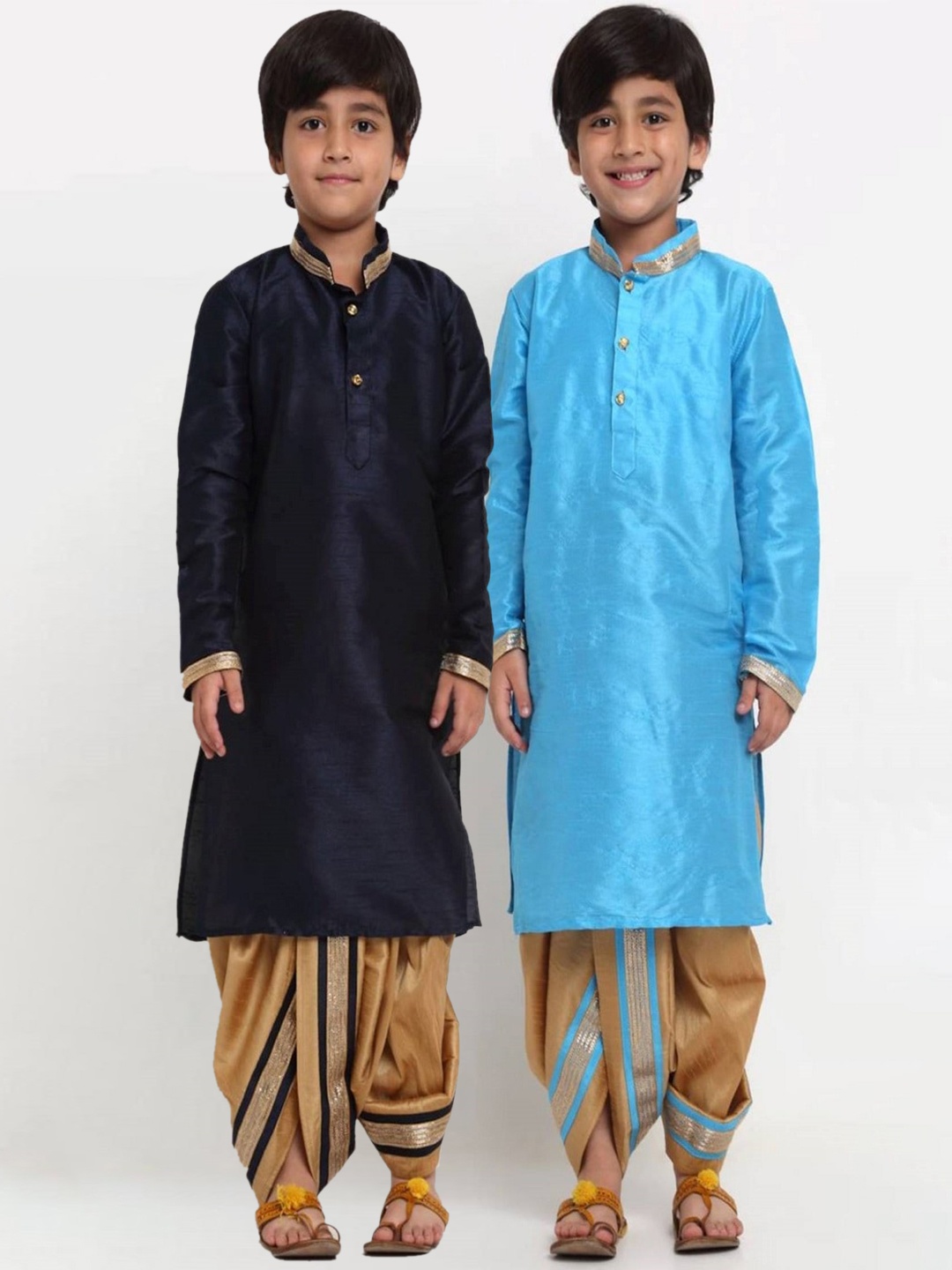 

Benstoke Boys Mandarin Collar Gotta Patti Kurta with Dhoti Pants, Navy blue