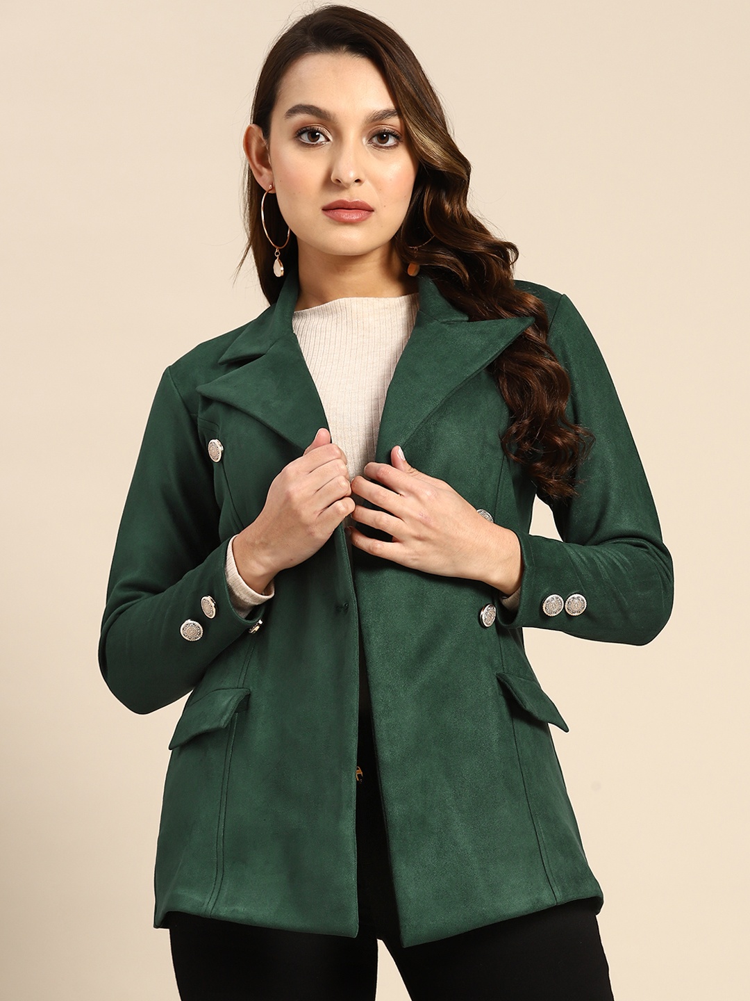 

WoowZerz Women Double Breasted Suede Overcoat, Green