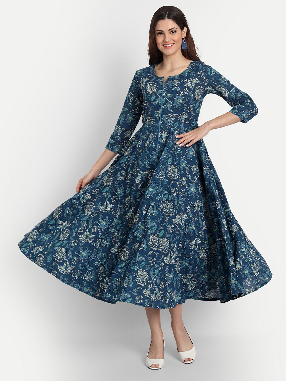 

SUTI Cotton Ethnic Motifs A-Line Midi Dress, Blue
