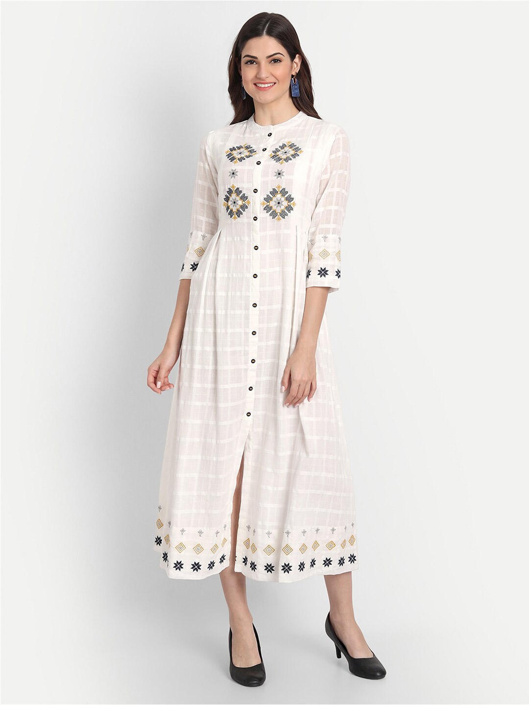 

SUTI Cotton Floral Ethnic Midi Ethnic Dress, Off white