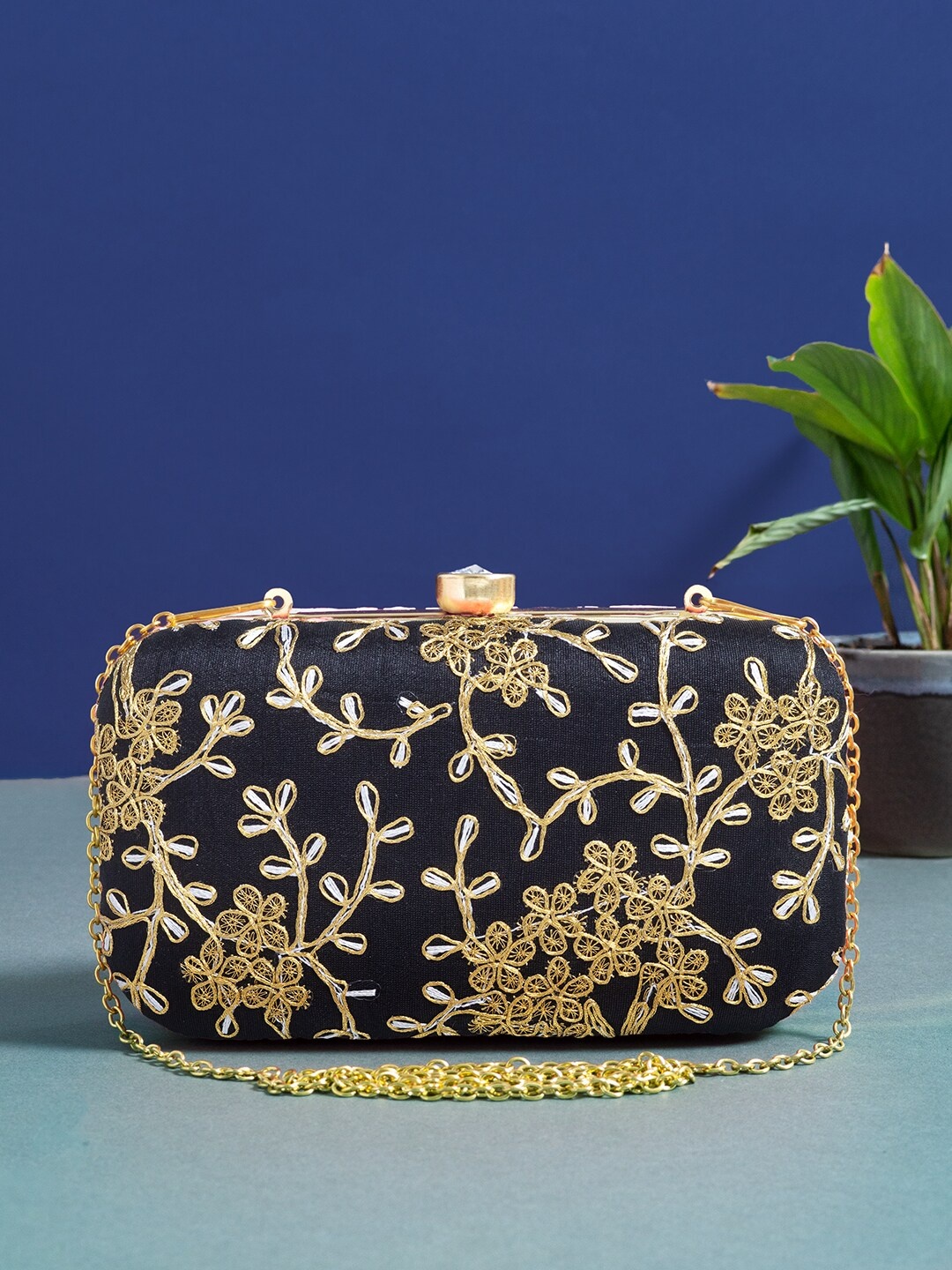 

Golden Peacock Embroidered Box Clutch, Black