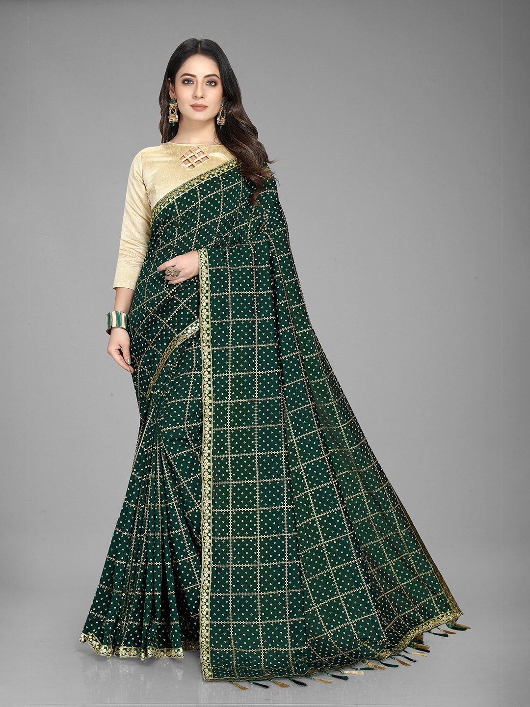 

Anjaneya Sarees Checked Pure Georgette Saree, Green