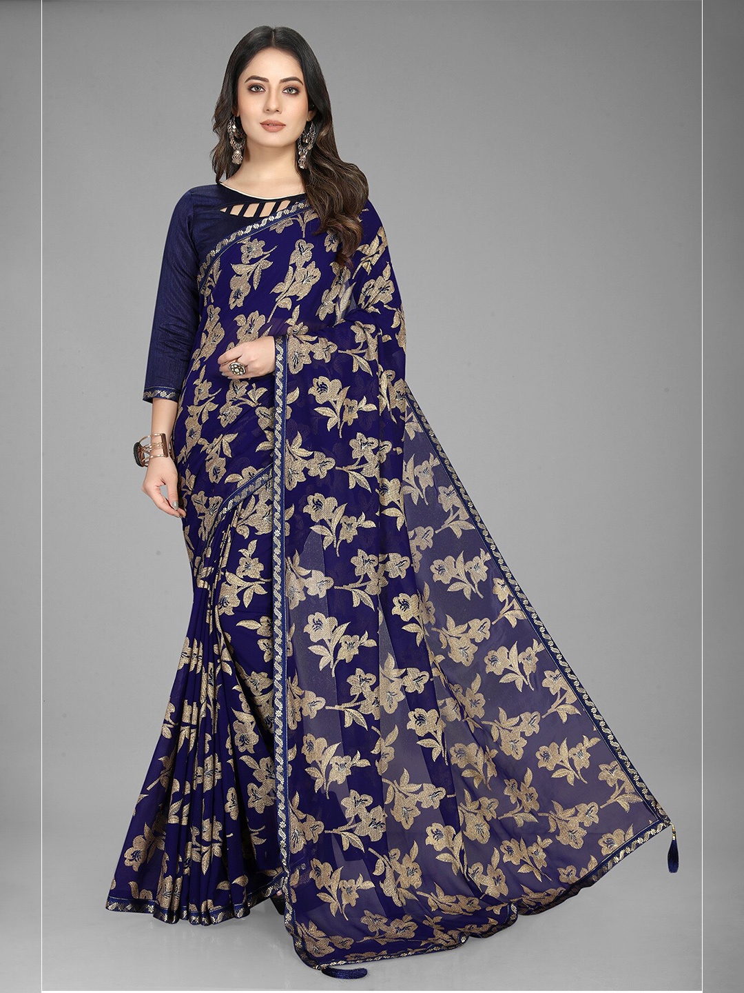 

Anjaneya Sarees Floral Printed Pure Georgette Saree, Navy blue