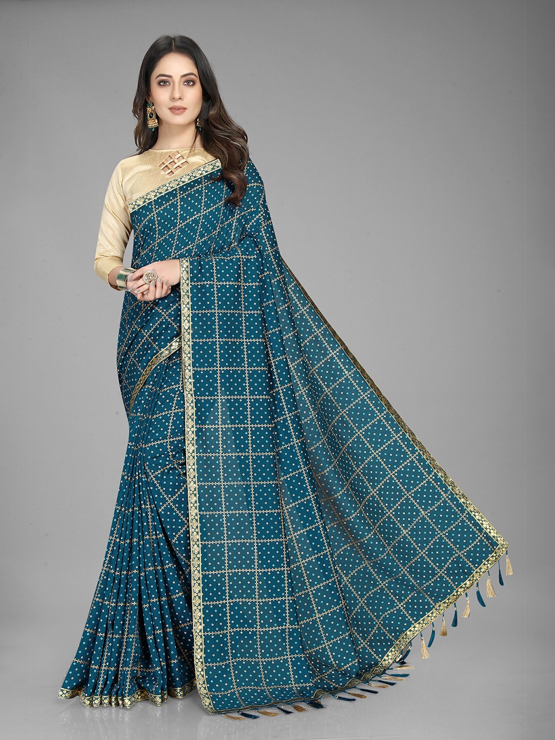 

Anjaneya Sarees Checked Pure Georgette Festive Saree, Teal
