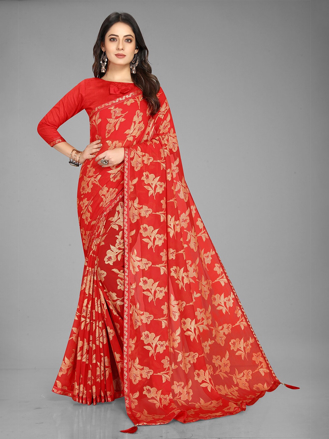 

Anjaneya Sarees Floral Printed Pure Georgette Saree, Red