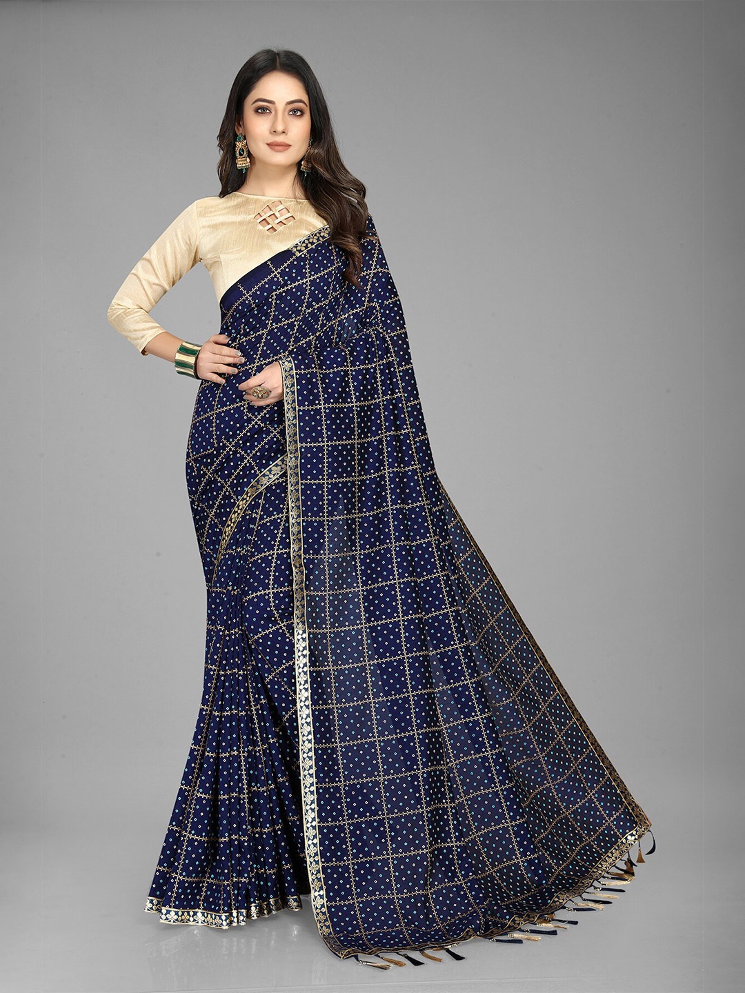 

Anjaneya Sarees Bandhani Embroidered Pure Georgette Ready to Wear Saree, Blue