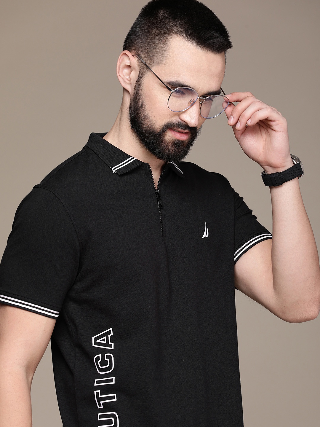 

Nautica Brand Logo Printed Polo Collar T-shirt, Black