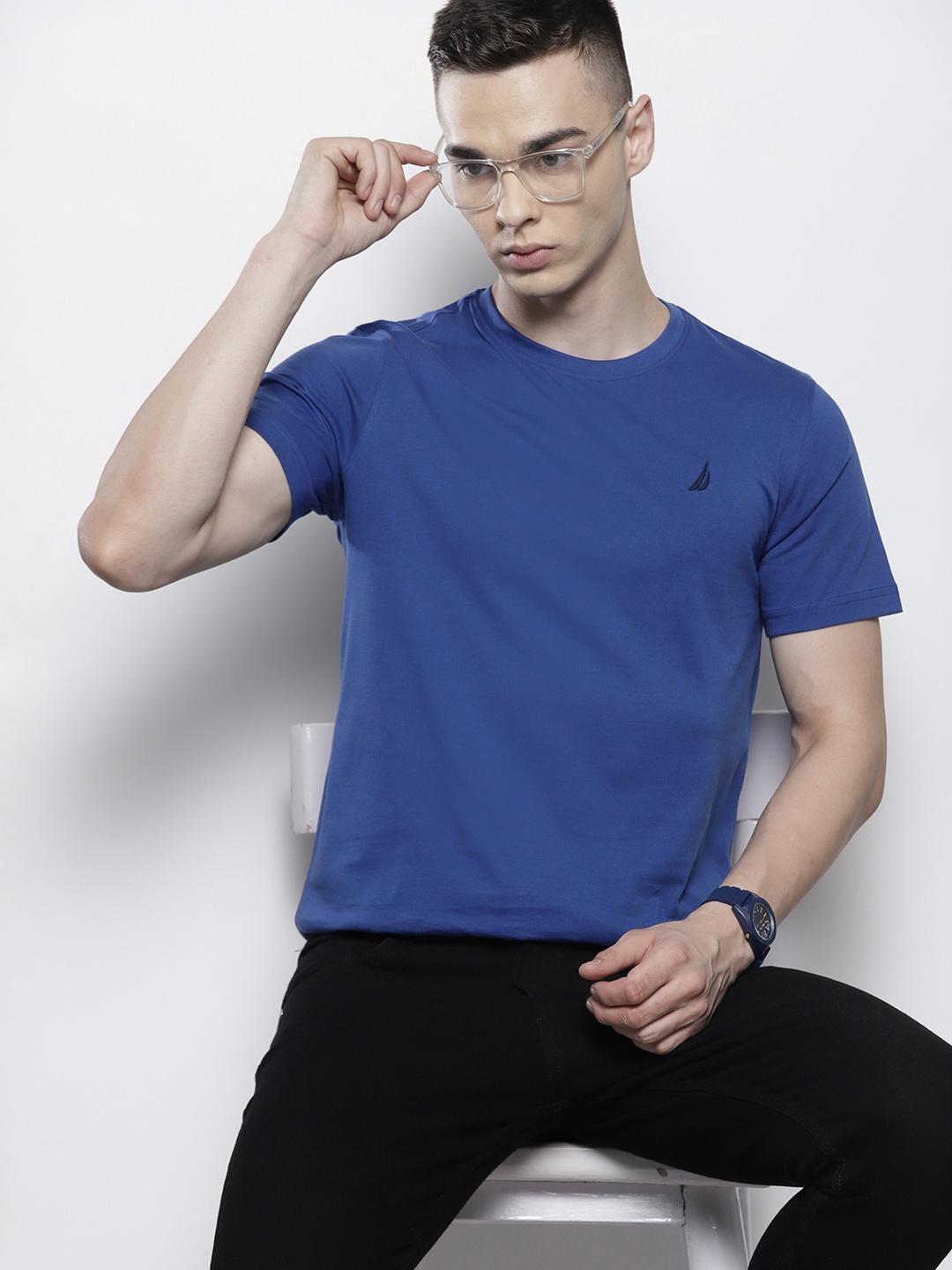 

Nautica Men Pure Cotton Solid T-shirt, Blue