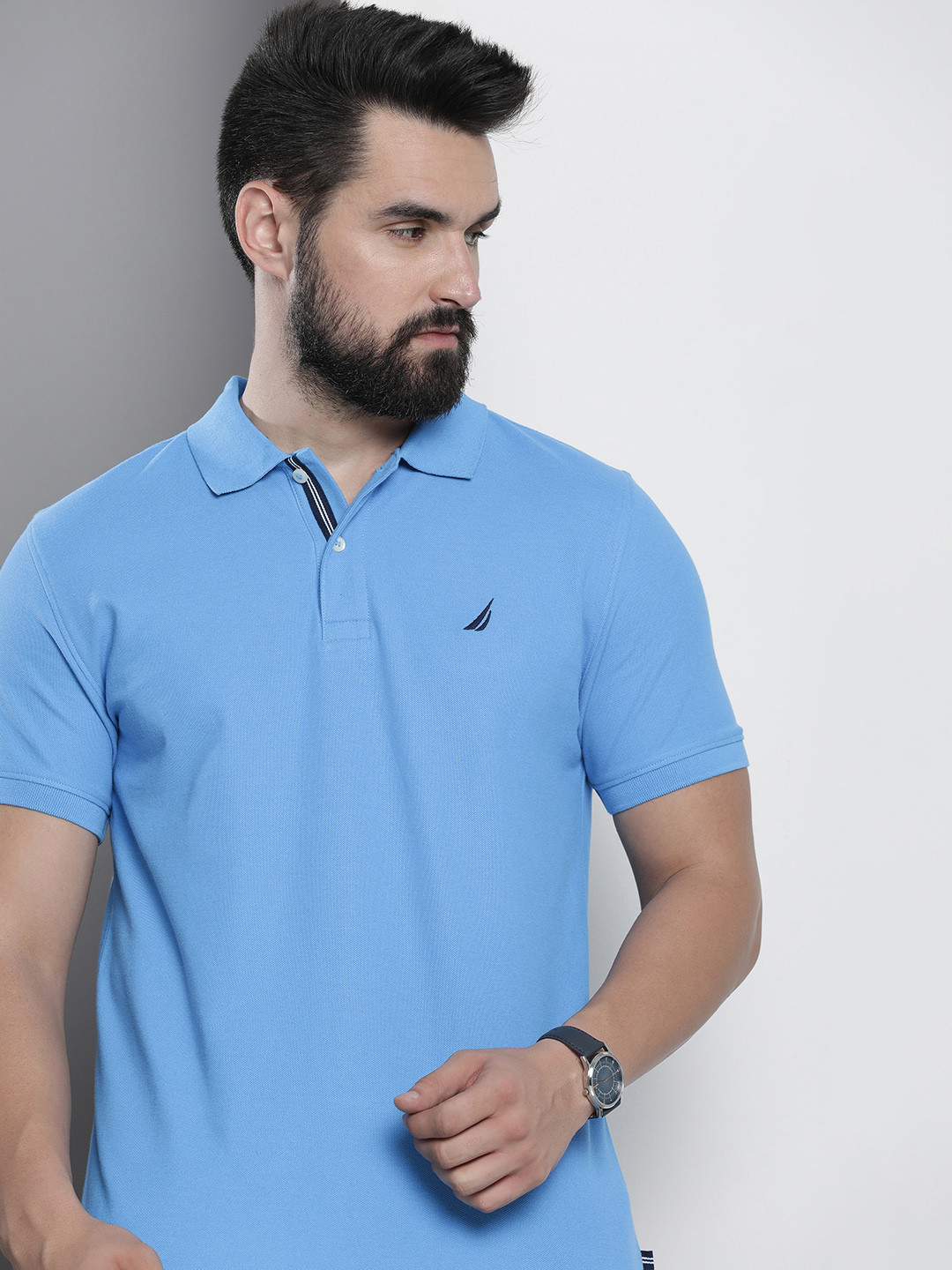 

Nautica Brand Logo Embroidered Polo Collar Pure Cotton T-shirt, Blue