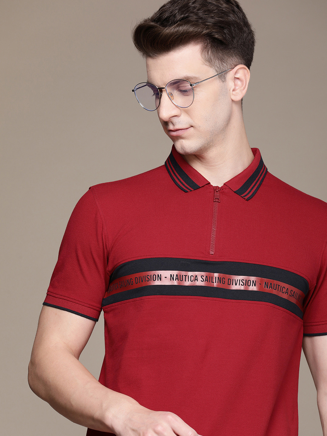 

Nautica Typography Printed With Striped Detail Polo Collar T-shirt, Maroon