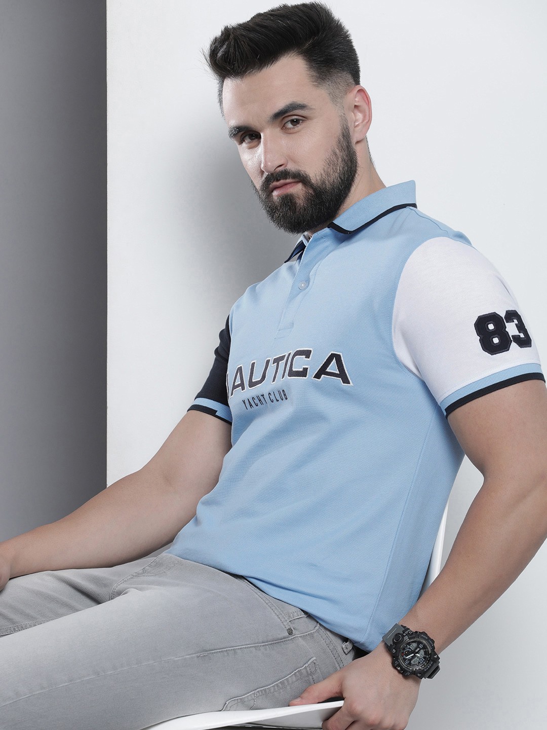 

Nautica Brand Logo Embroidered Polo Collar Pure Cotton T-shirt, Blue