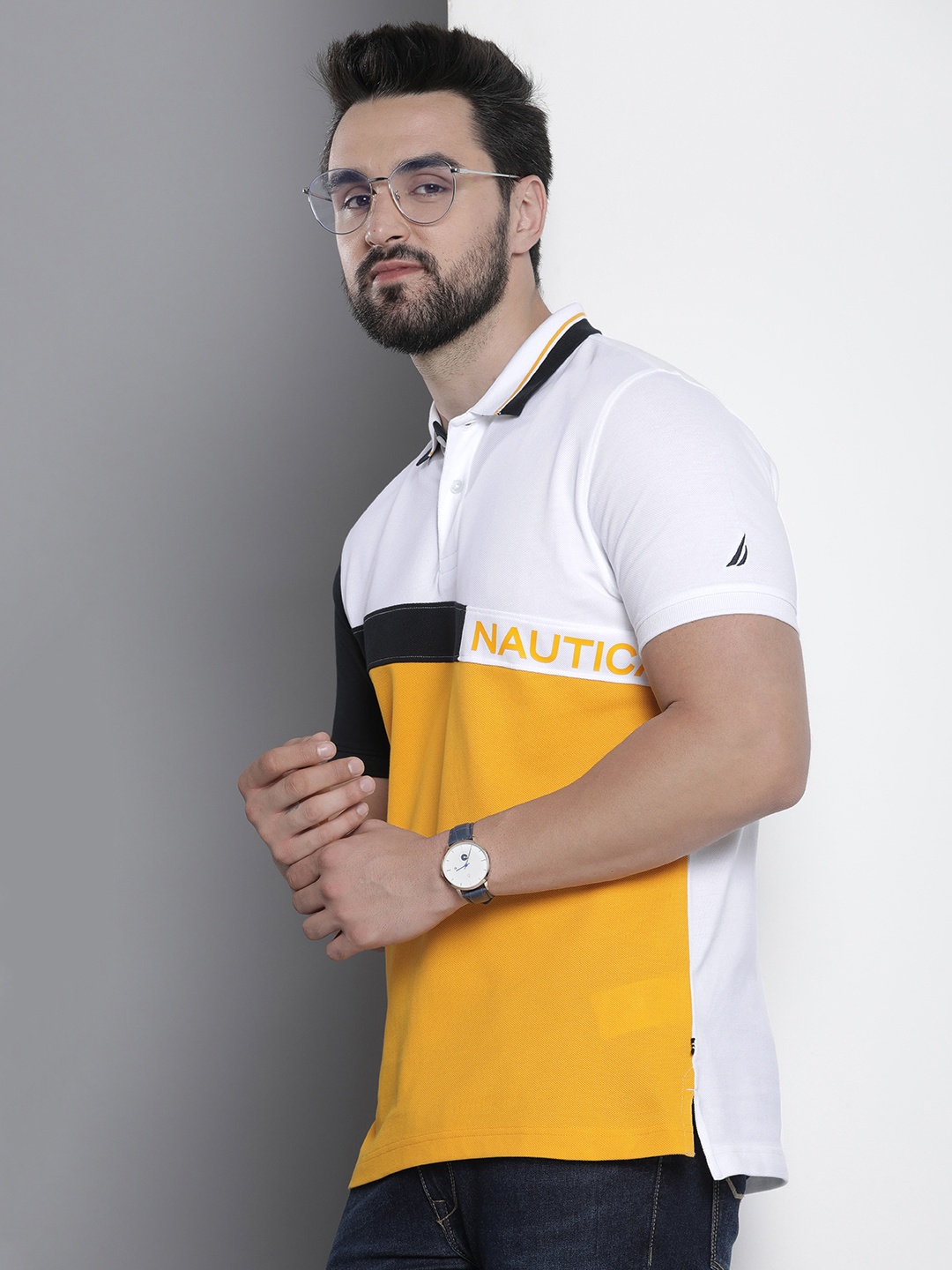 

Nautica Men Colourblocked Polo Collar Pure Cotton T-shirt, White