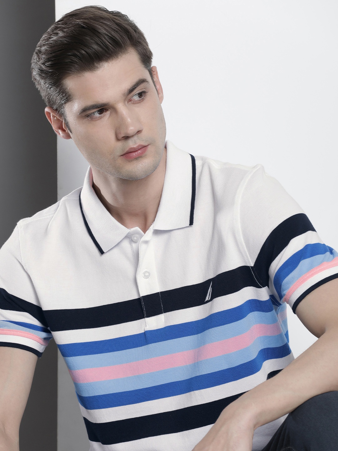 

Nautica Men Pure Cotton Striped Polo Collar T-shirt, White