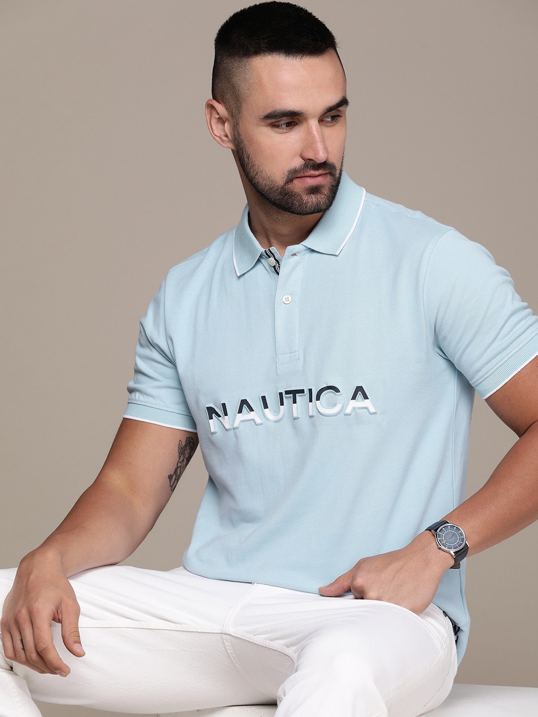 

Nautica Brand Logo Printed Polo Collar Pure Cotton T-shirt, Blue