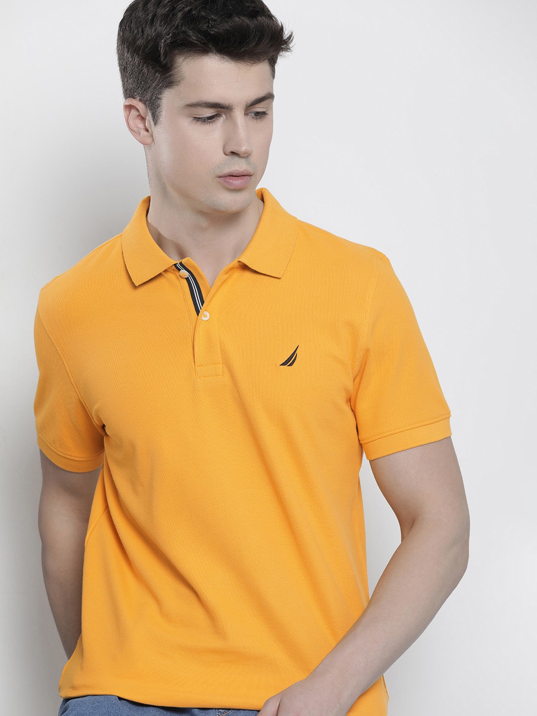 

Nautica Brand Logo Embroidered Polo Collar Pure Cotton T-shirt, Mustard