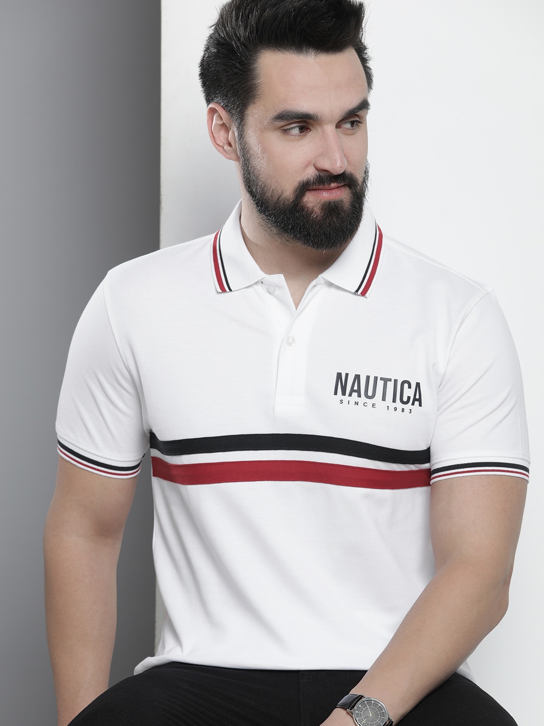 

Nautica Typography & Striped Polo Collar Pure Cotton T-shirt, White