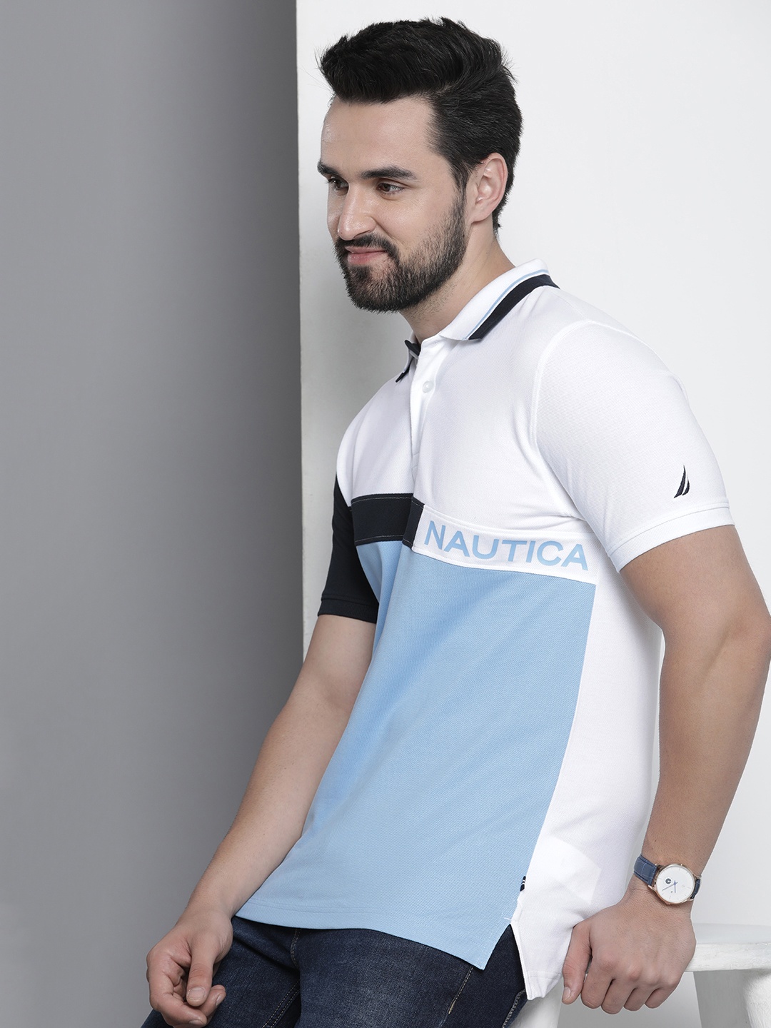 

Nautica Men Colourblocked Polo Collar Pure Cotton T-shirt, White