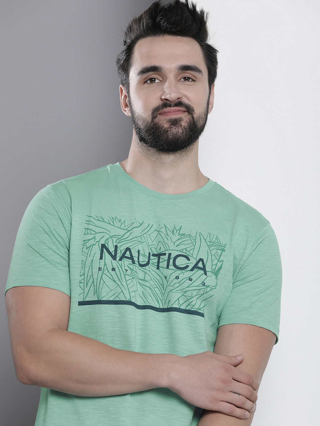

Nautica Men Pure Cotton Brand Logo Printed T-shirt, Green