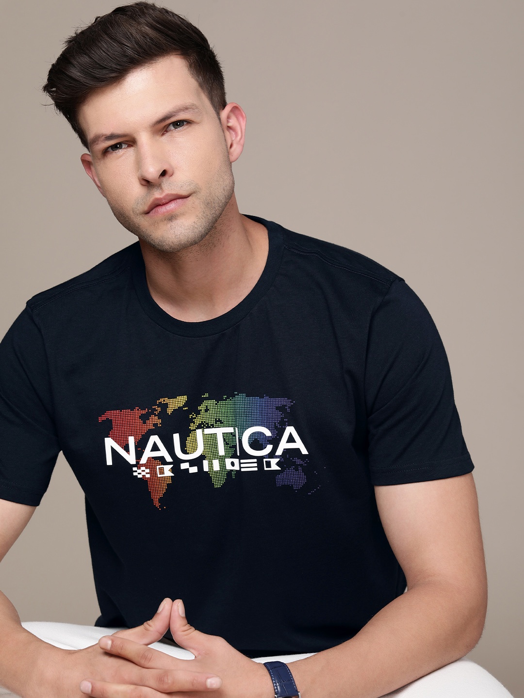 

Nautica Graphic Printed Pure Cotton Applique T-shirt, Navy blue