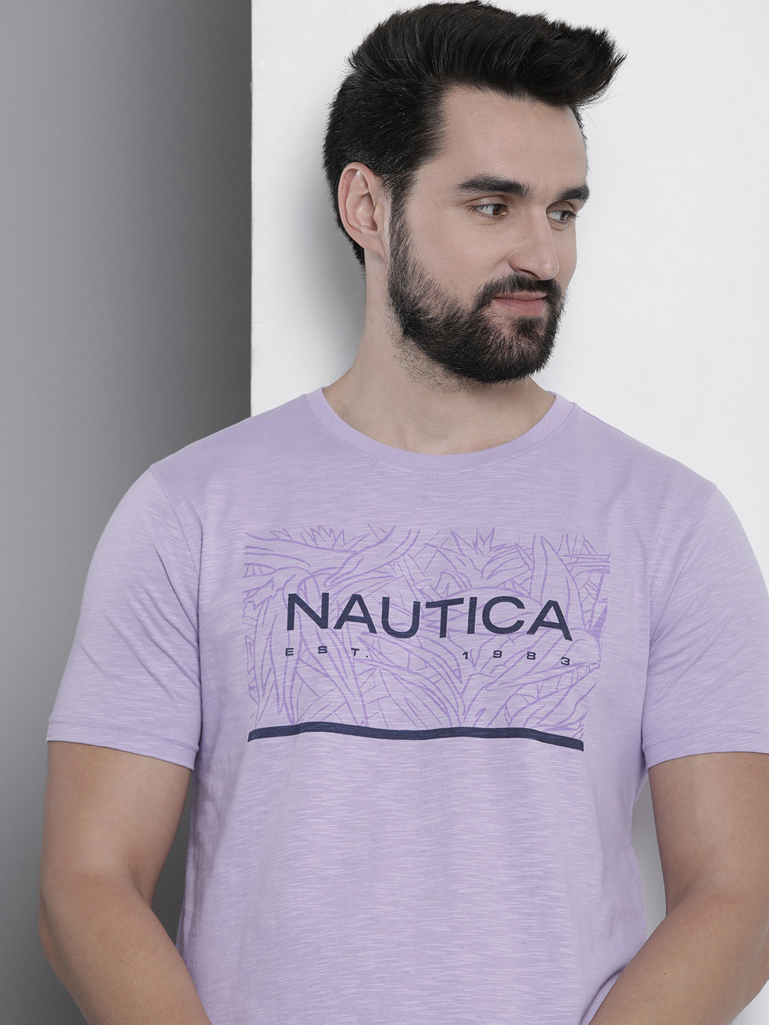 

Nautica Men Pure Cotton Brand Logo Printed T-shirt, Violet