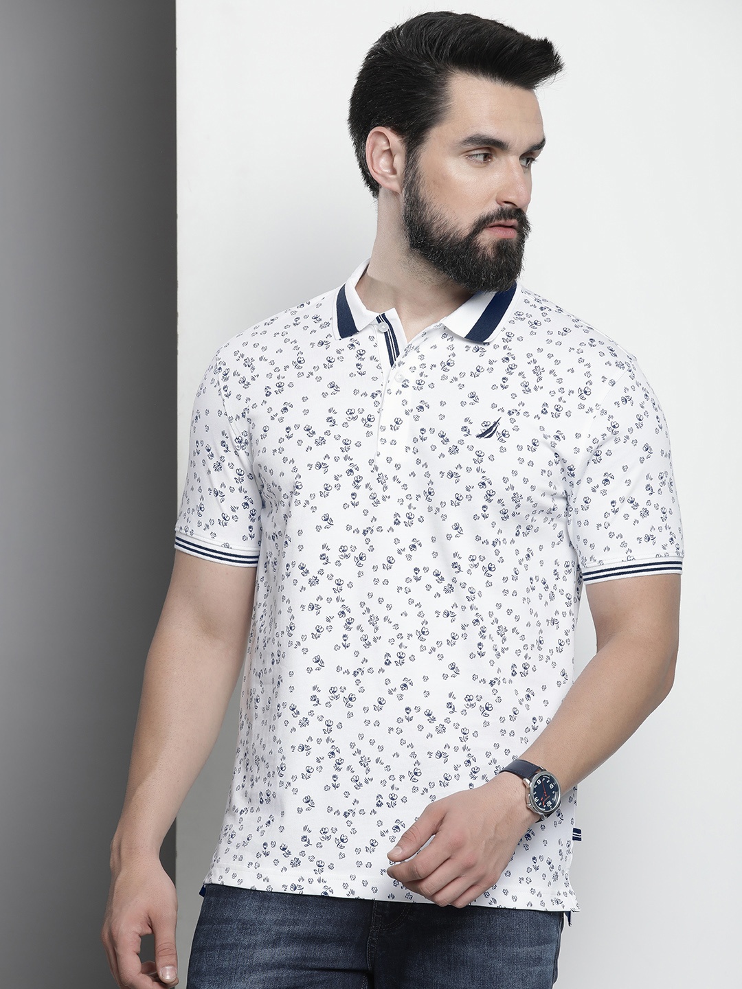 

Nautica Polo Collar Floral Printed Pure Cotton T-shirt, White