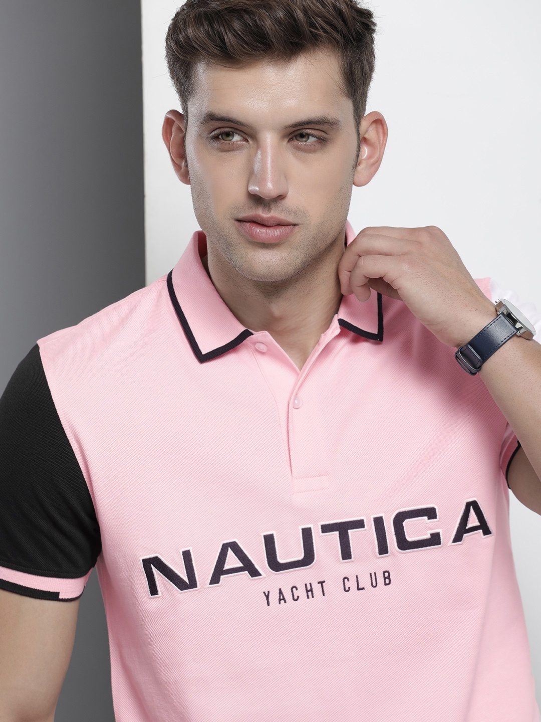 

Nautica Men Brand Logo Embroidered Polo Collar Pure Cotton T-shirt, Pink